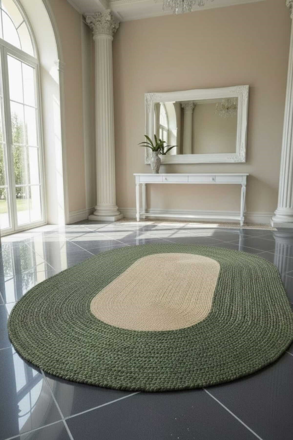 Modern Oval Halı Yeşil & Natural | Dekoratif Şık Salon Halısı | Minimal & Bohem Ev Dekoru