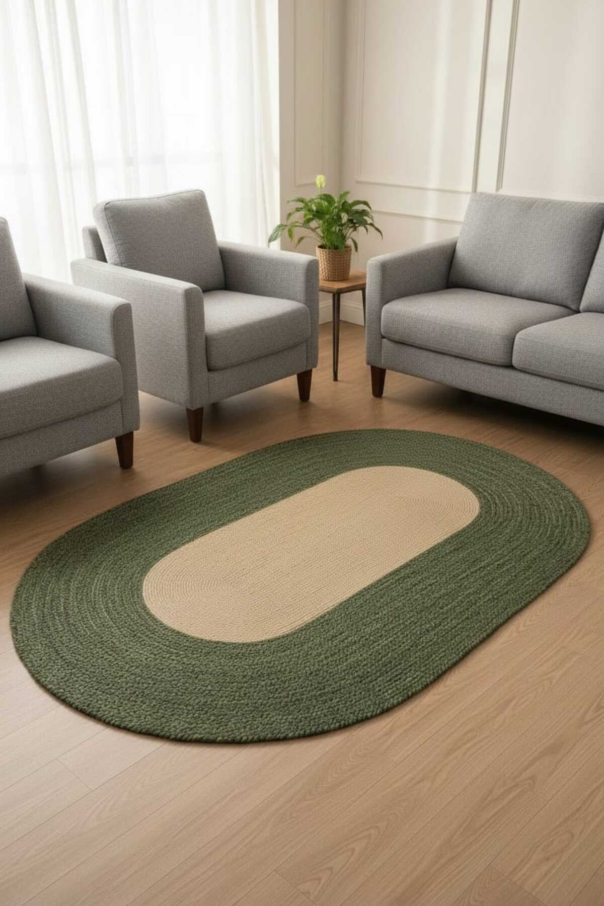 Modern Oval Halı Yeşil & Natural | Dekoratif Şık Salon Halısı | Minimal & Bohem Ev Dekoru