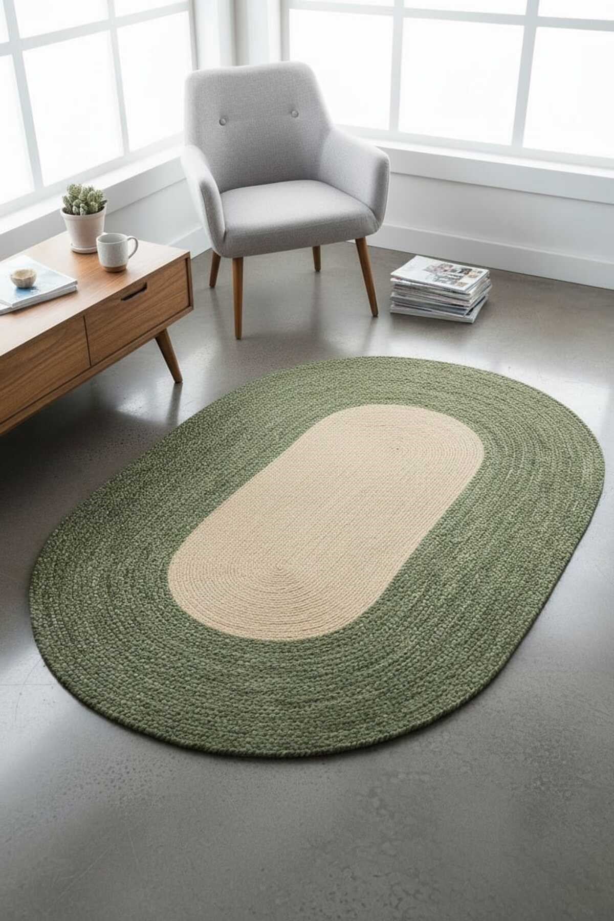 Modern Oval Halı Yeşil & Natural | Dekoratif Şık Salon Halısı | Minimal & Bohem Ev Dekoru