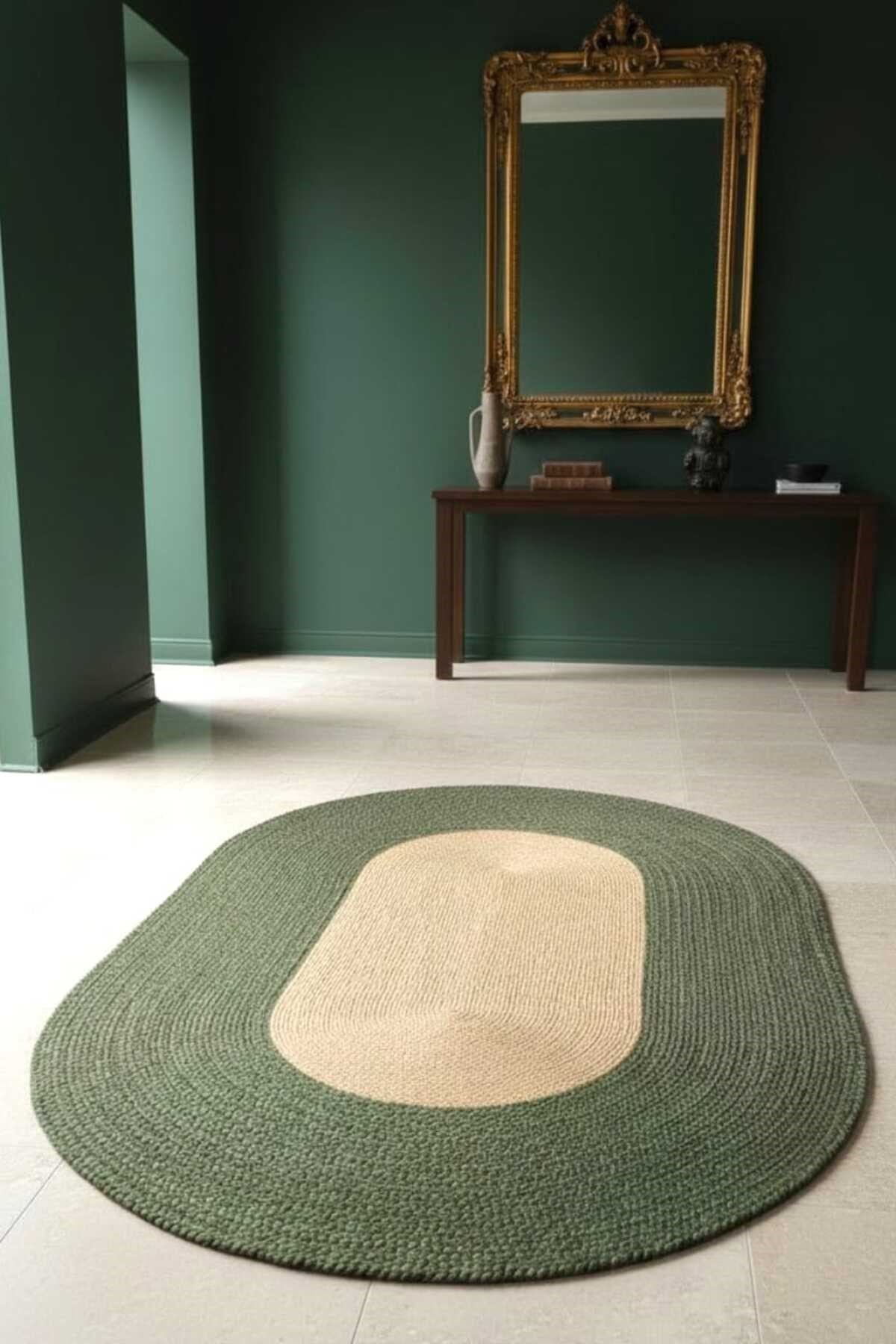 Modern Oval Halı Yeşil & Natural | Dekoratif Şık Salon Halısı | Minimal & Bohem Ev Dekoru
