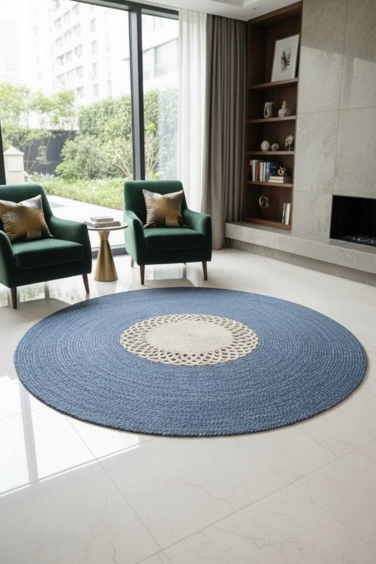 Modern Yuvarlak Halı – Örgü Dokulu Mavi & Krem Desenli Dekoratif Kilim | Bohem Minimal Salon Halısı