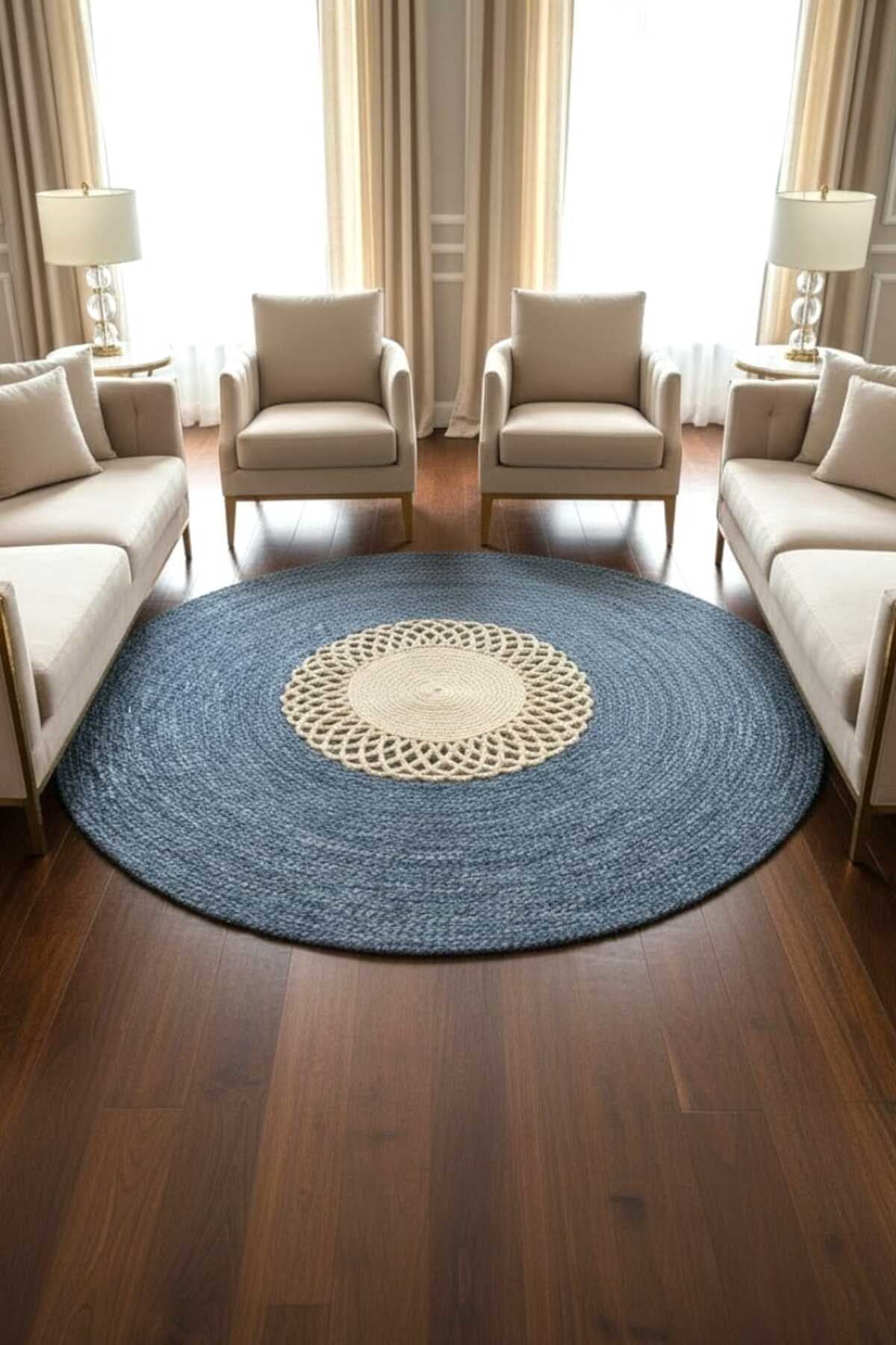 Modern Yuvarlak Halı – Örgü Dokulu Mavi & Krem Desenli Dekoratif Kilim | Bohem Minimal Salon Halısı