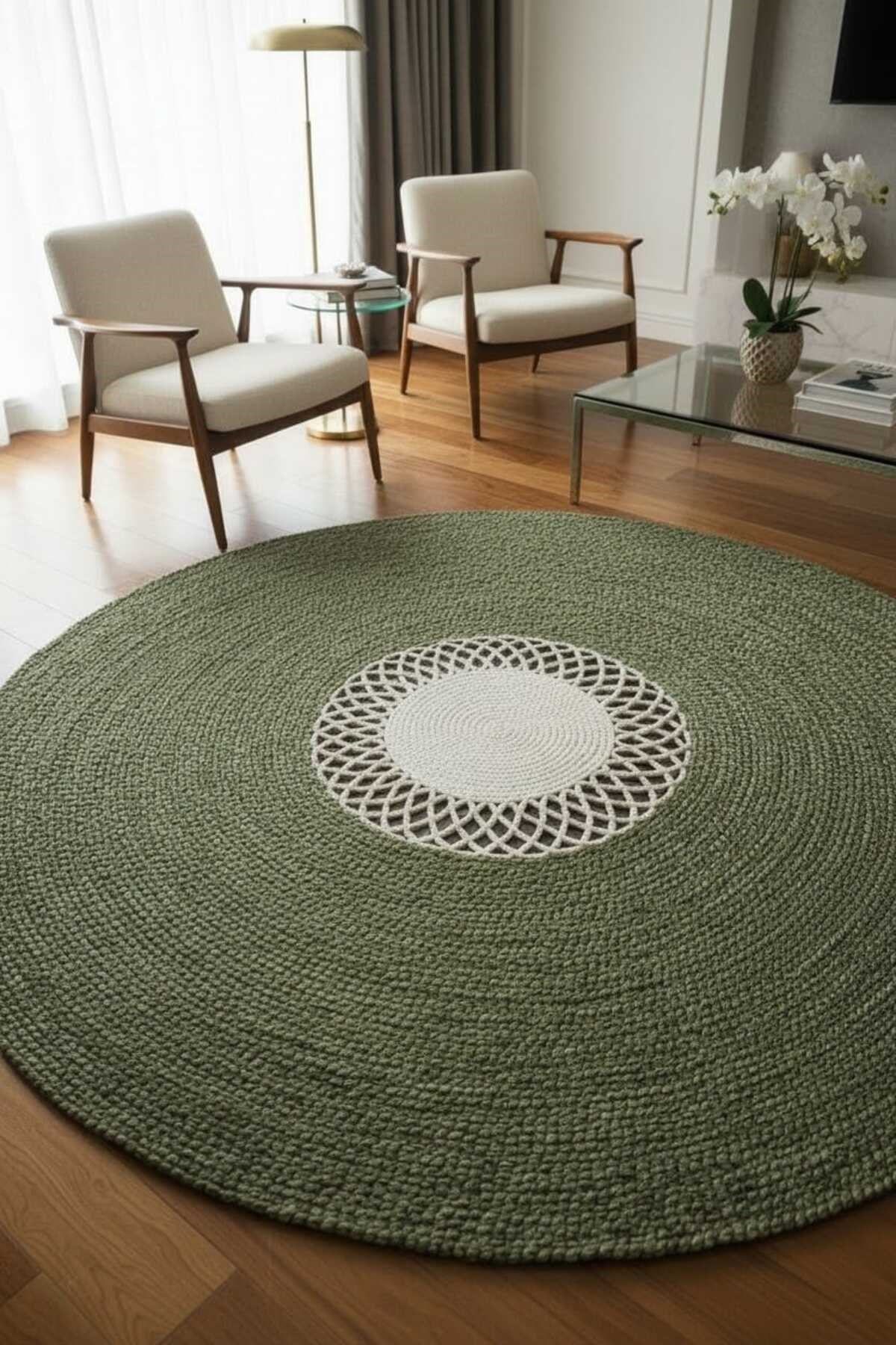 Modern Yuvarlak Halı – Örgü Dokulu Yeşil & Krem Desenli Dekoratif Kilim | Bohem Minimal Salon Halısı