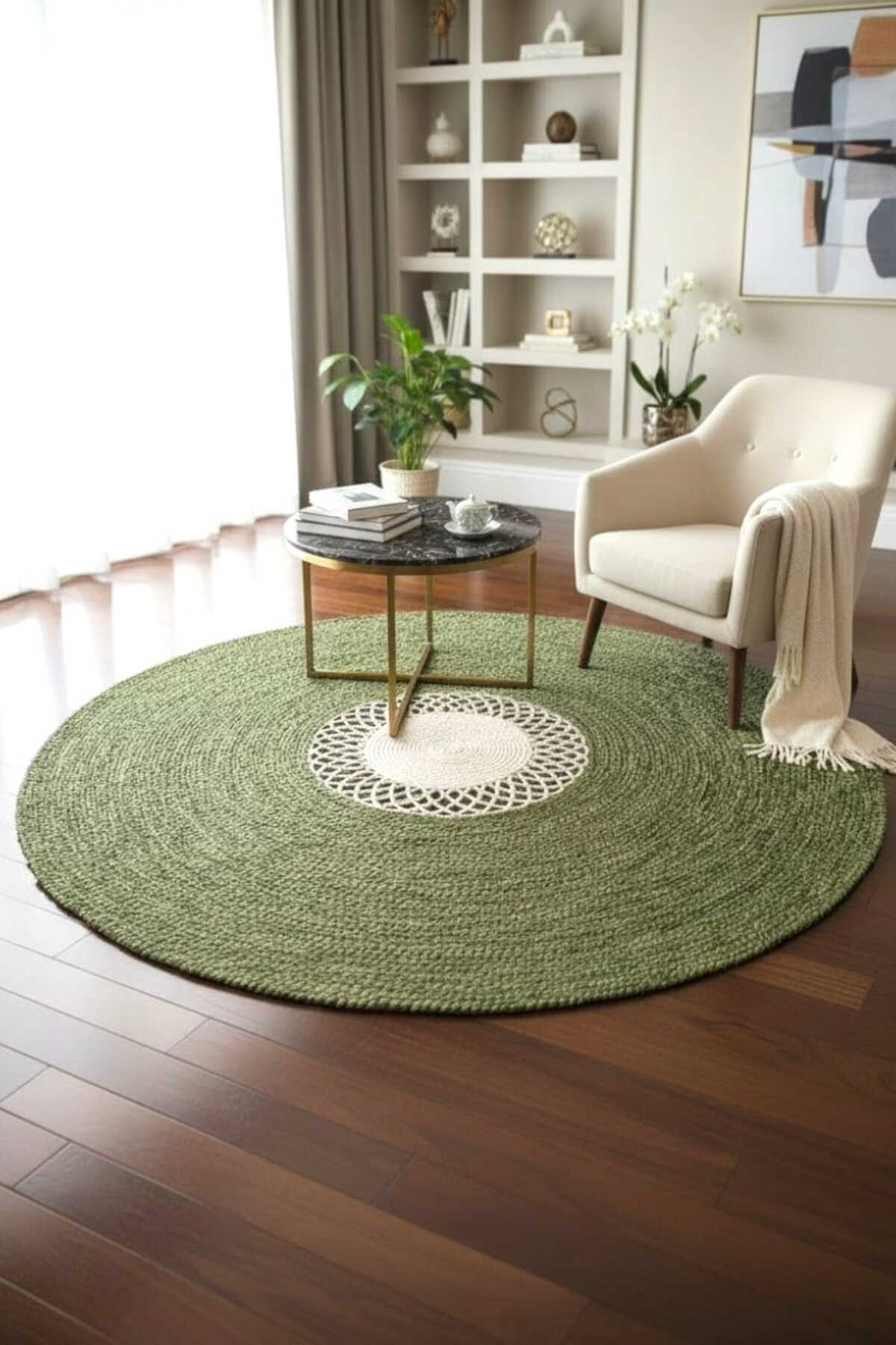 Modern Yuvarlak Halı – Örgü Dokulu Yeşil & Krem Desenli Dekoratif Kilim | Bohem Minimal Salon Halısı