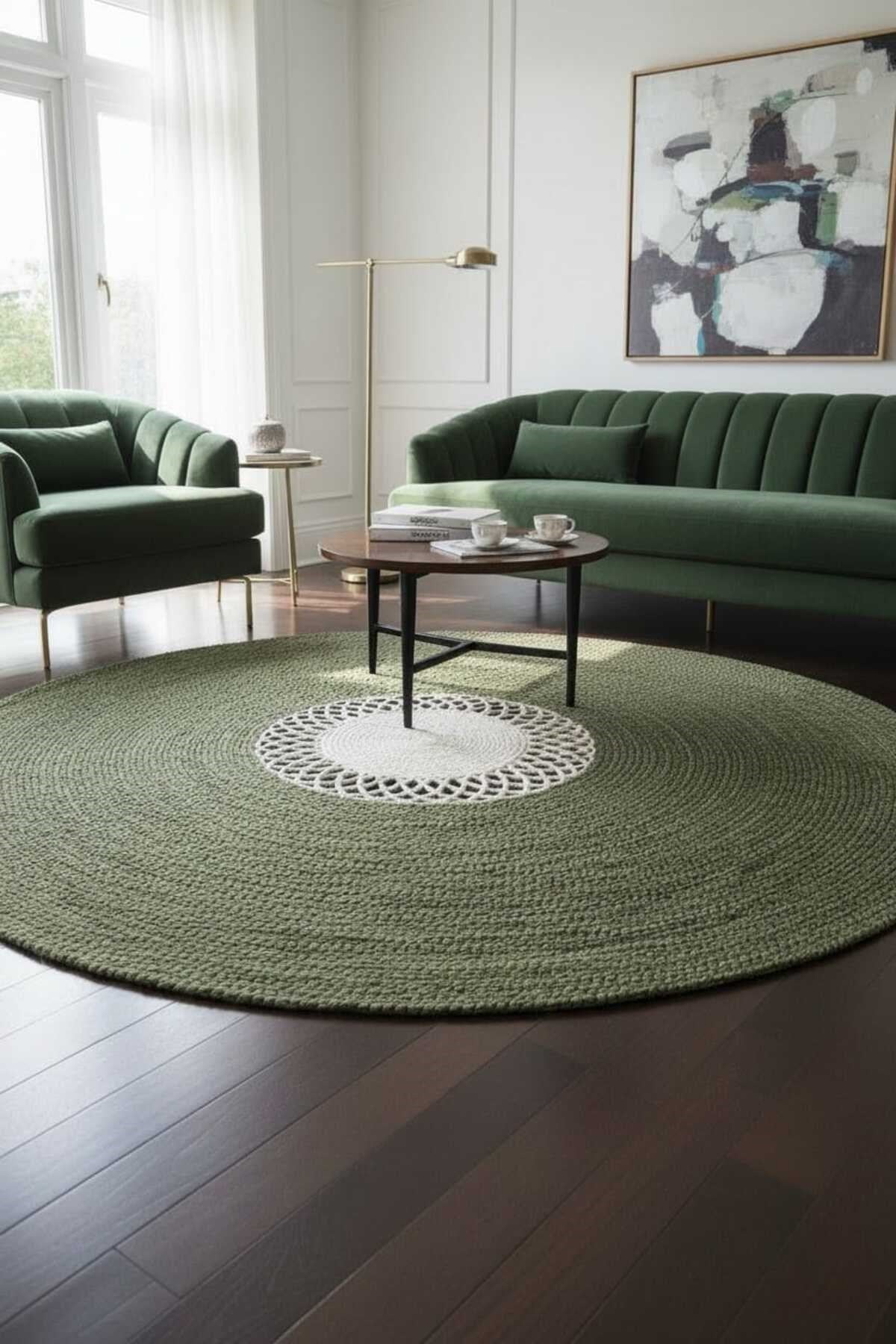 Modern Yuvarlak Halı – Örgü Dokulu Yeşil & Krem Desenli Dekoratif Kilim | Bohem Minimal Salon Halısı