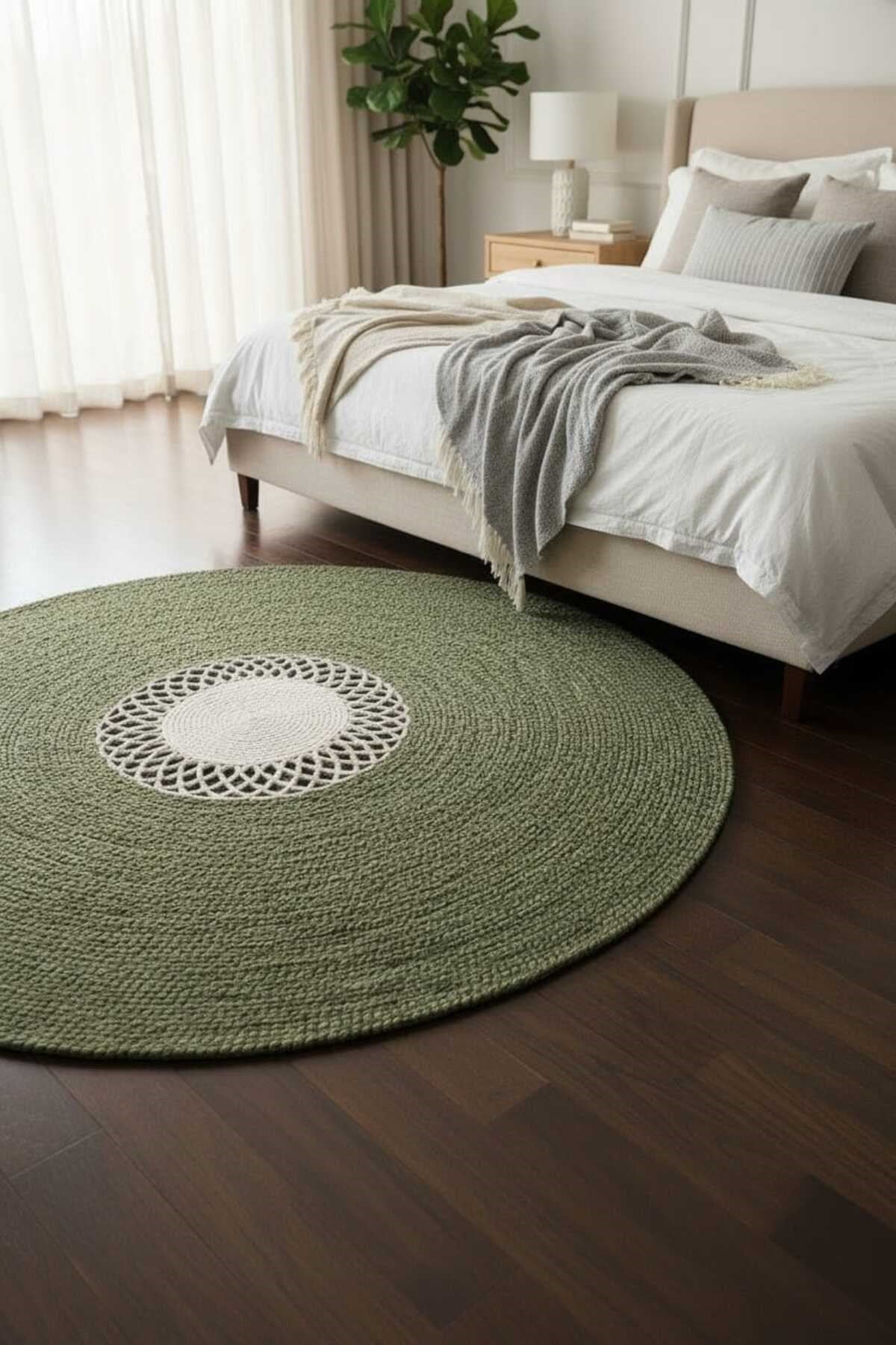 Modern Yuvarlak Halı – Örgü Dokulu Yeşil & Krem Desenli Dekoratif Kilim | Bohem Minimal Salon Halısı