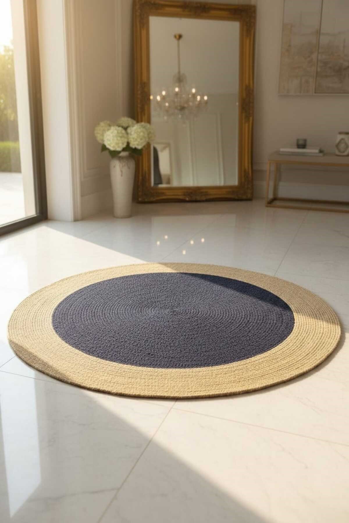 Modern Yuvarlak Halı Siyah Natural Kontrastlı Dekoratif Örgü Halı Şık Salon Oturma Odası Halısı