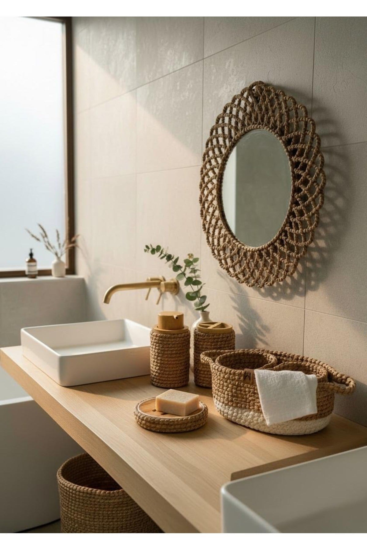 Örgü Banyo Seti – El Yapımı Dekoratif Ayna, Sepet, Sabunluk ve Diş Fırçalık 5’li Set
