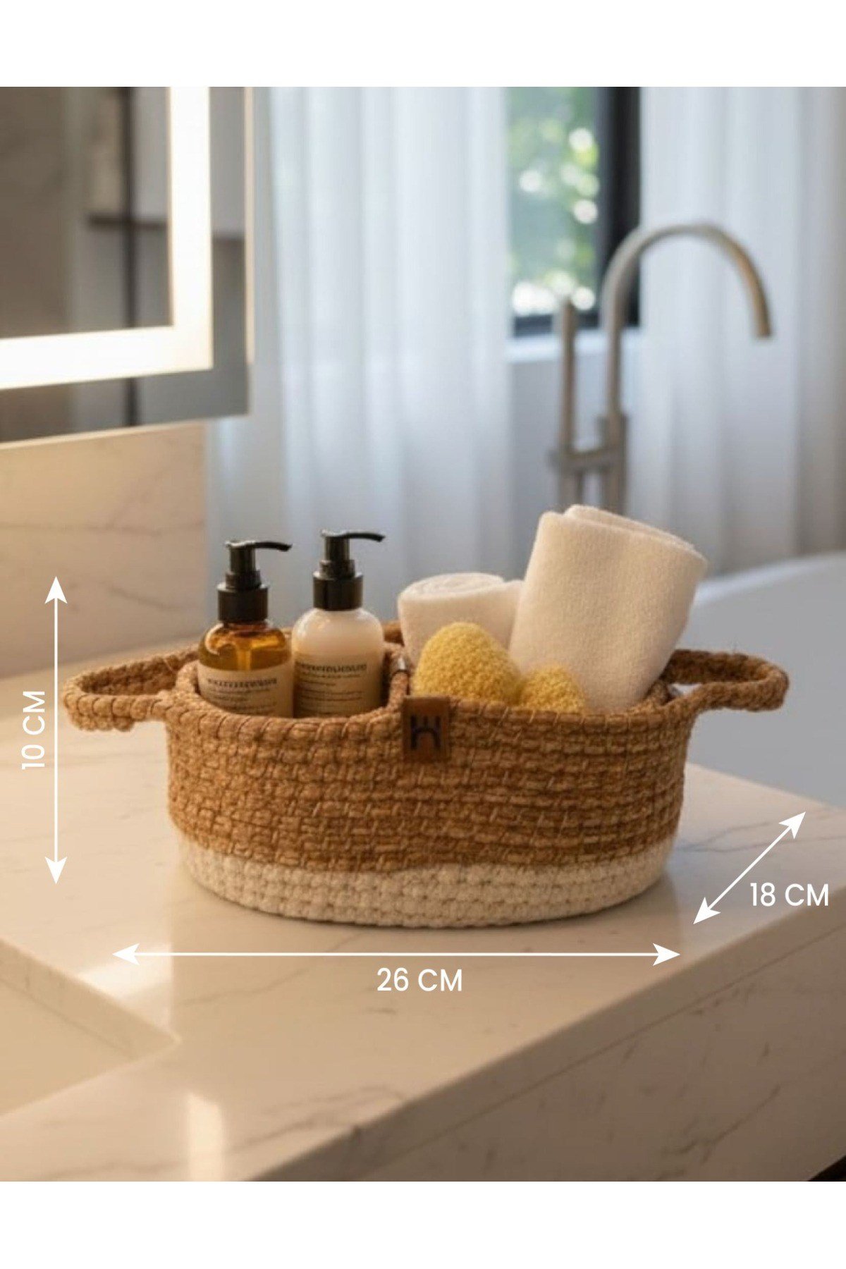 Örgü Banyo Seti – El Yapımı Dekoratif Ayna, Sepet, Sabunluk ve Diş Fırçalık 5’li Set