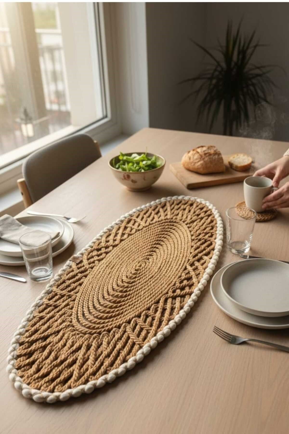 Oval Modern Runner - 85x35 cm Örme Model Masa Örtüsü - Naturel Beyaz Desenli Runner