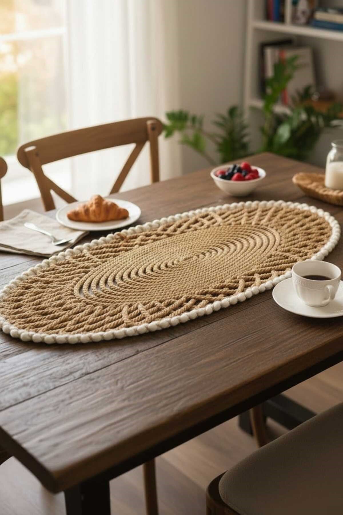 Oval Modern Runner - 85x35 cm Örme Model Masa Örtüsü - Naturel Beyaz Desenli Runner