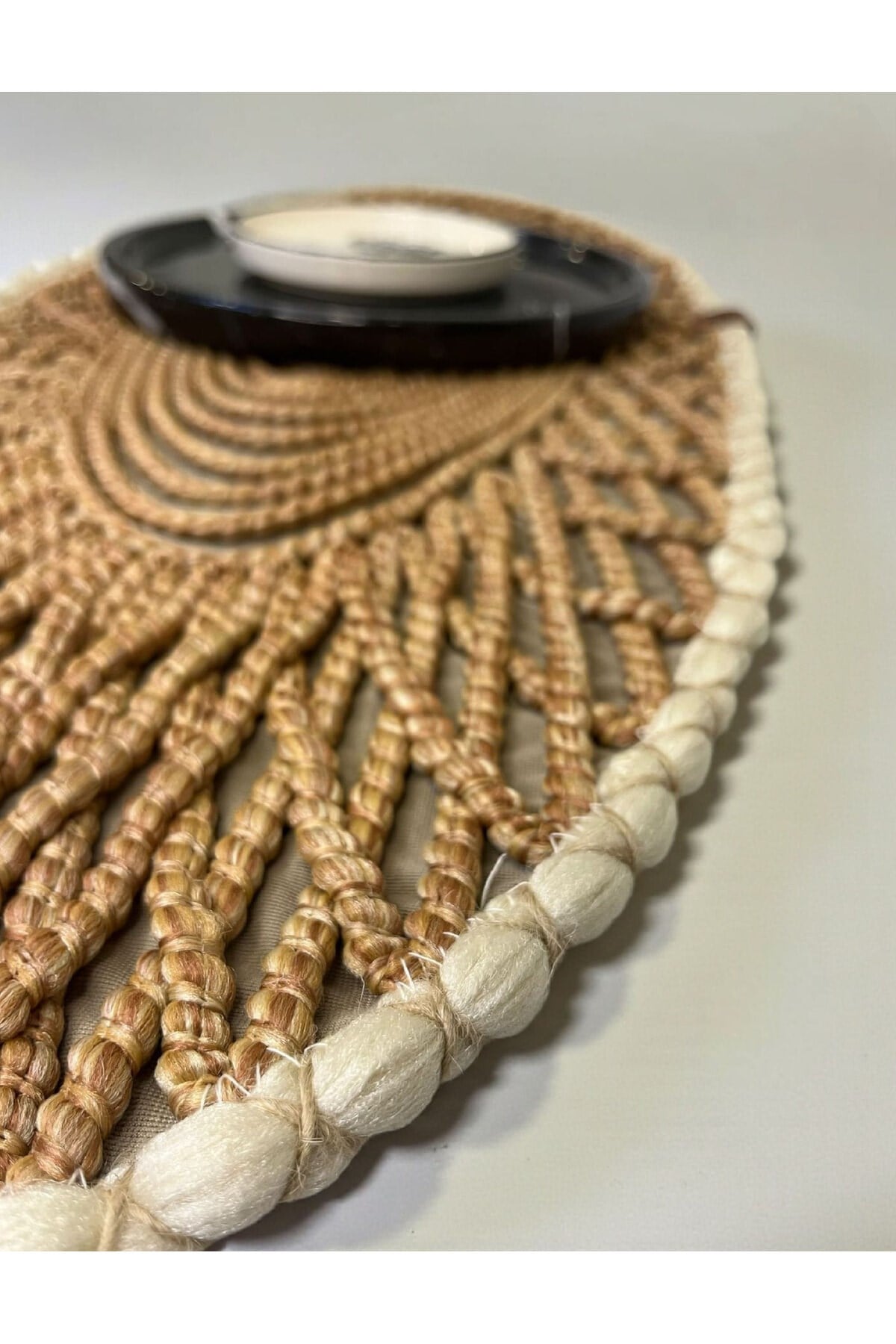 Oval Modern Runner - 85x35 cm Örme Model Masa Örtüsü - Naturel Beyaz Desenli Runner
