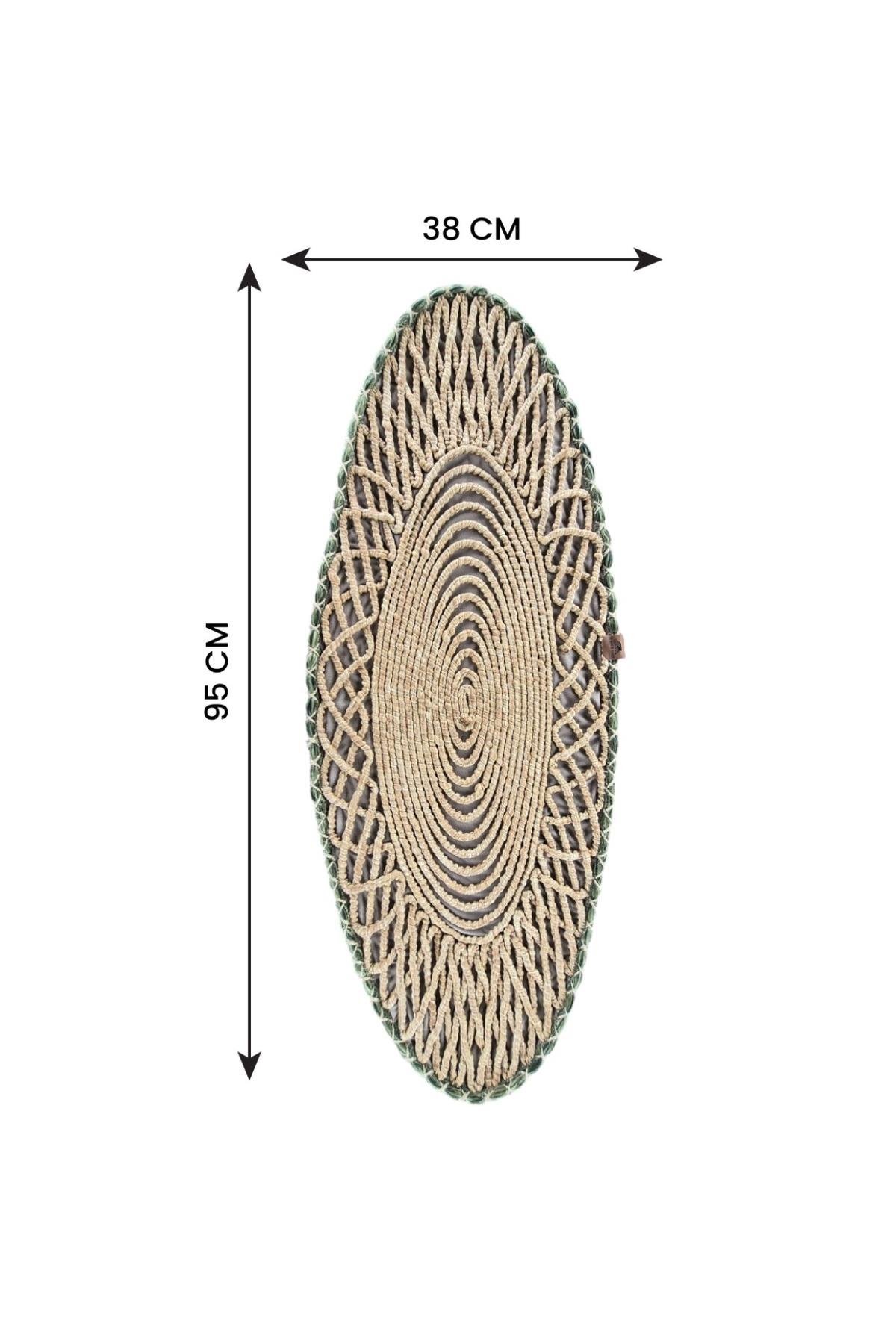 Oval Modern Runner - 85x35 cm Örme Model Masa Örtüsü - Naturel Yeşil Desenli Runner