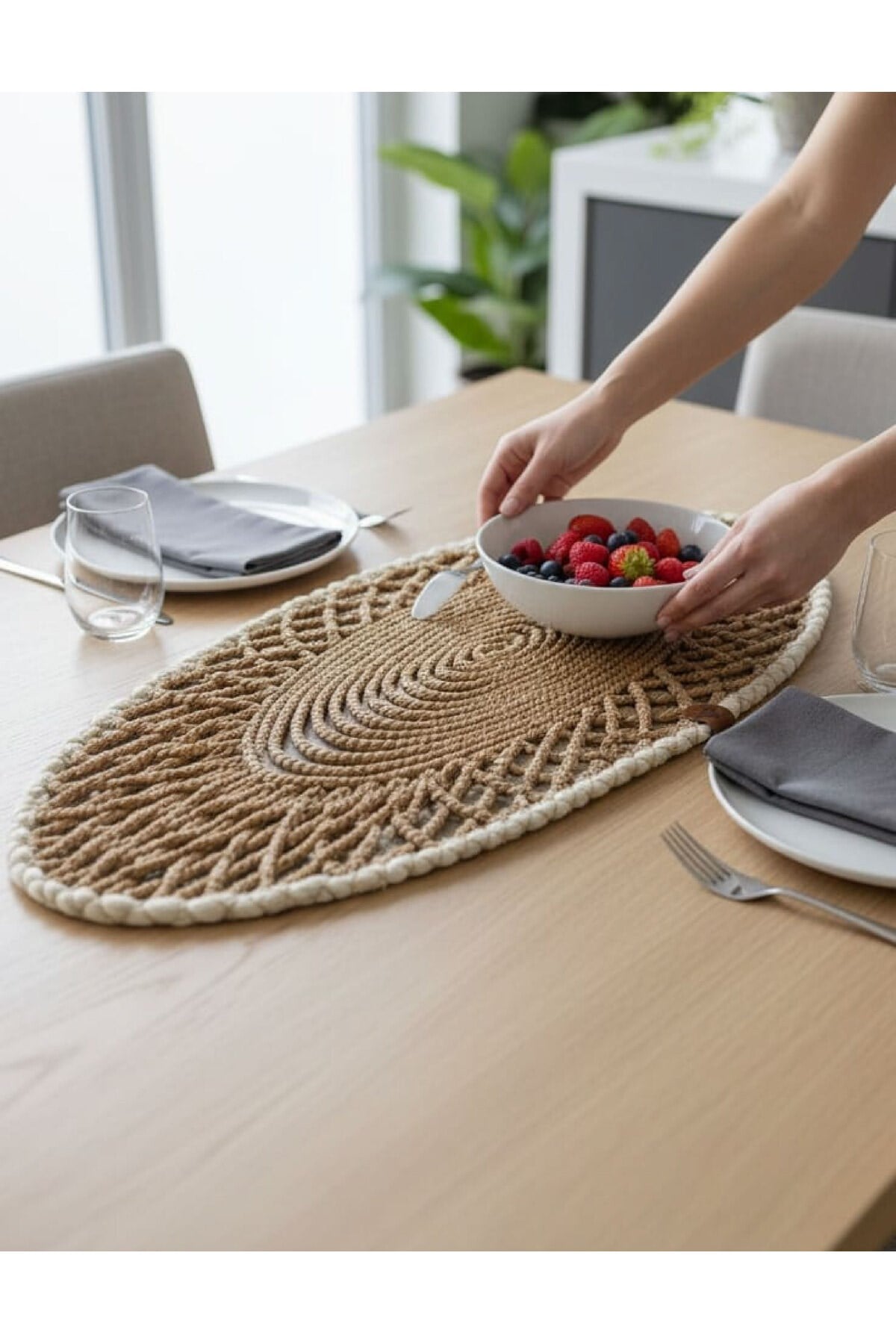Oval Modern Runner - 85x35 cm Örme Model Masa Örtüsü - Naturel Beyaz Desenli Runner