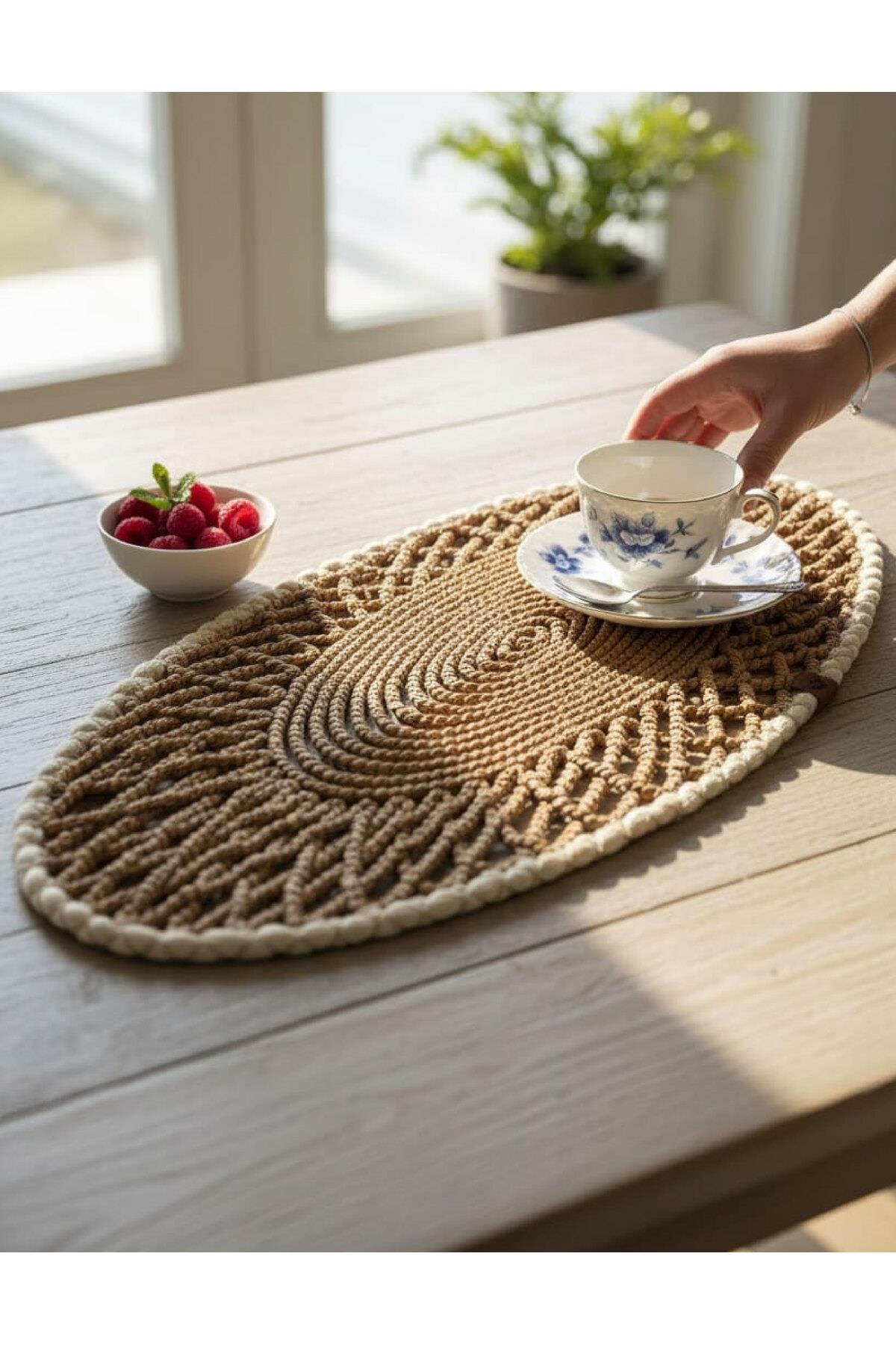 Oval Modern Runner - 85x35 cm Örme Model Masa Örtüsü - Naturel Beyaz Desenli Runner