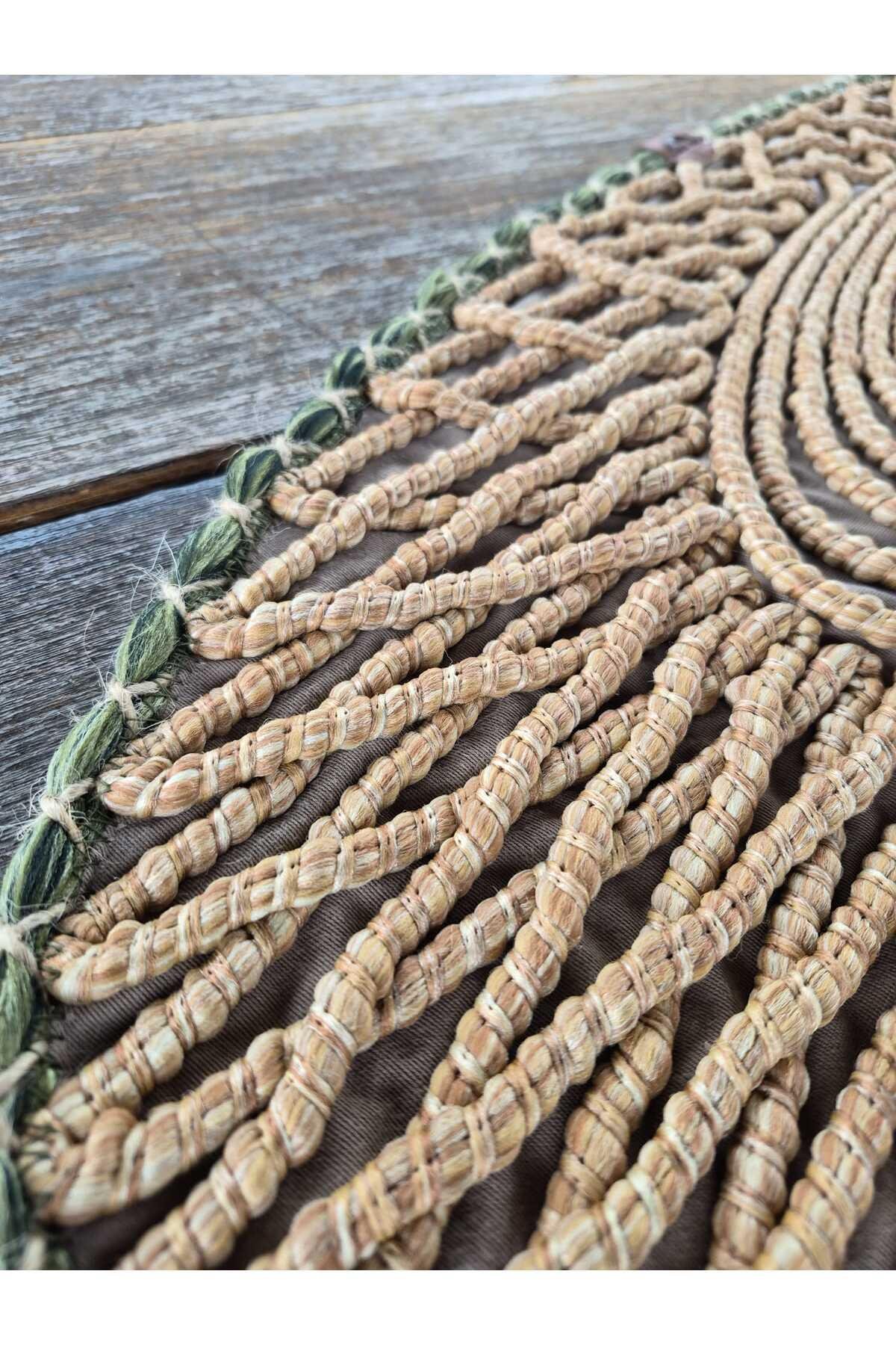 Oval Modern Runner - 85x35 cm Örme Model Masa Örtüsü - Naturel Yeşil Desenli Runner