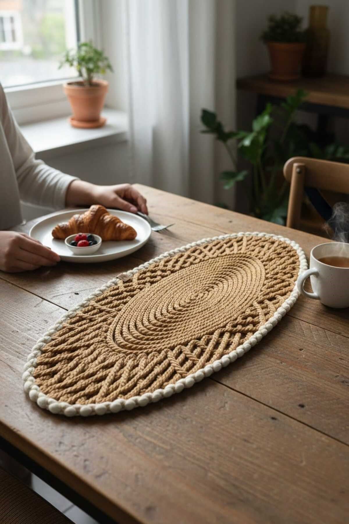 Oval Modern Runner - 85x35 cm Örme Model Masa Örtüsü - Naturel Beyaz Desenli Runner