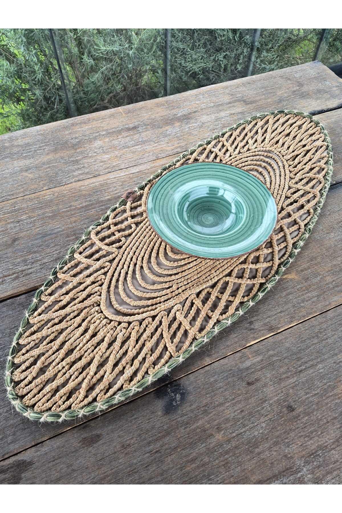 Oval Modern Runner - 85x35 cm Örme Model Masa Örtüsü - Naturel Yeşil Desenli Runner
