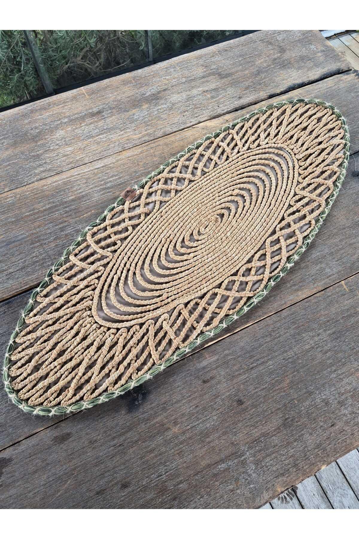 Oval Modern Runner - 85x35 cm Örme Model Masa Örtüsü - Naturel Yeşil Desenli Runner