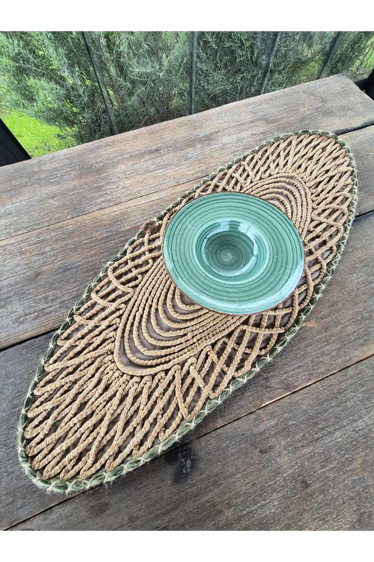 Oval Modern Runner - 85x35 cm Örme Model Masa Örtüsü - Naturel Yeşil Desenli Runner