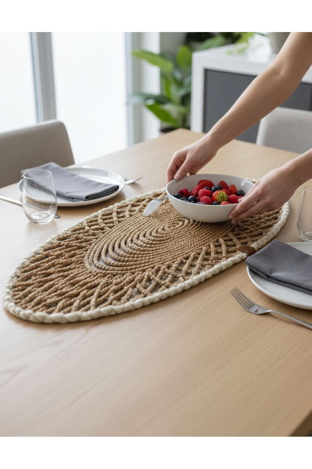 Oval Modern Runner - 85x35 cm Örme Model Masa Örtüsü - Naturel Beyaz Desenli Runner