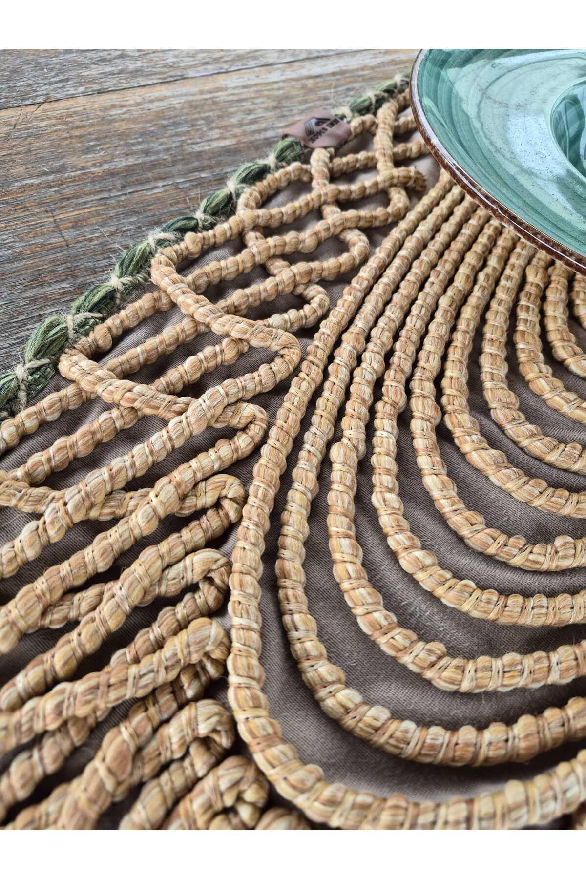 Oval Modern Runner - 85x35 cm Örme Model Masa Örtüsü - Naturel Yeşil Desenli Runner