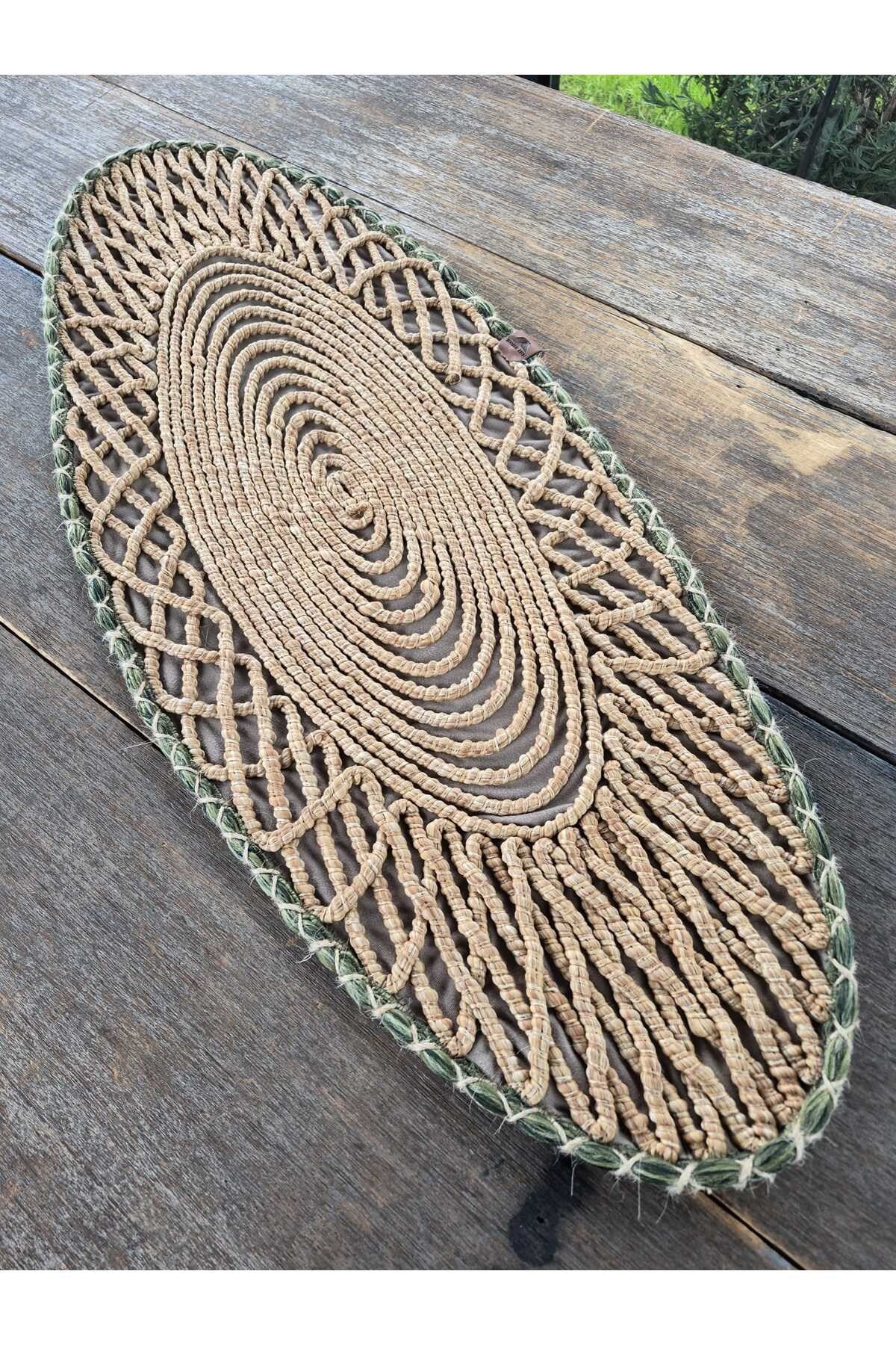 Oval Modern Runner - 85x35 cm Örme Model Masa Örtüsü - Naturel Yeşil Desenli Runner