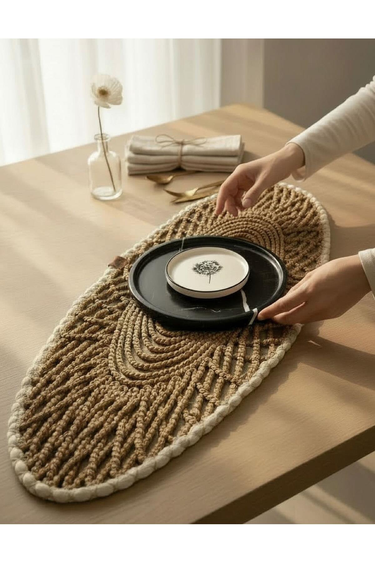 Oval Modern Runner - 85x35 cm Örme Model Masa Örtüsü - Naturel Beyaz Desenli Runner