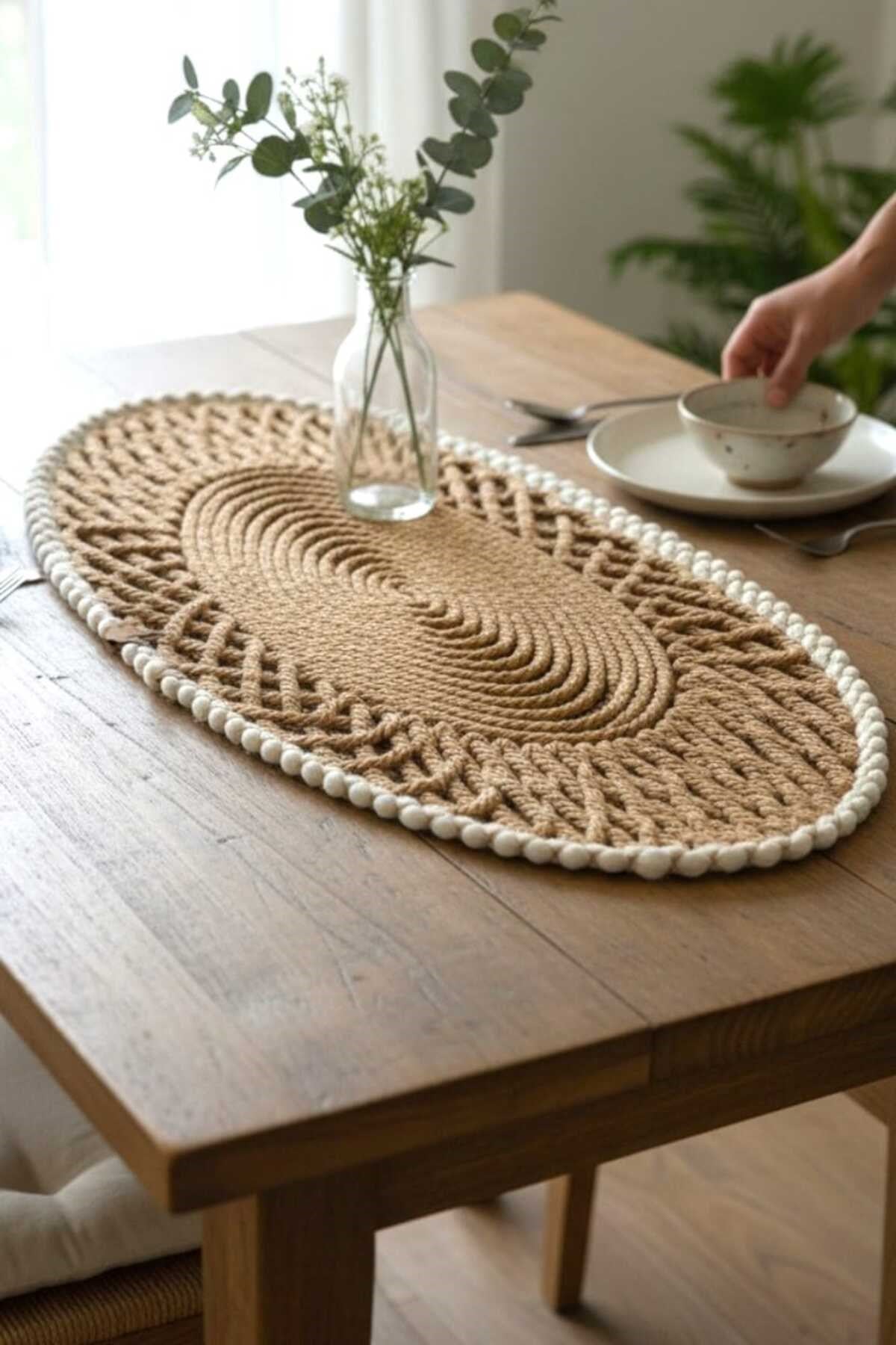 Oval Modern Runner - 85x35 cm Örme Model Masa Örtüsü - Naturel Beyaz Desenli Runner
