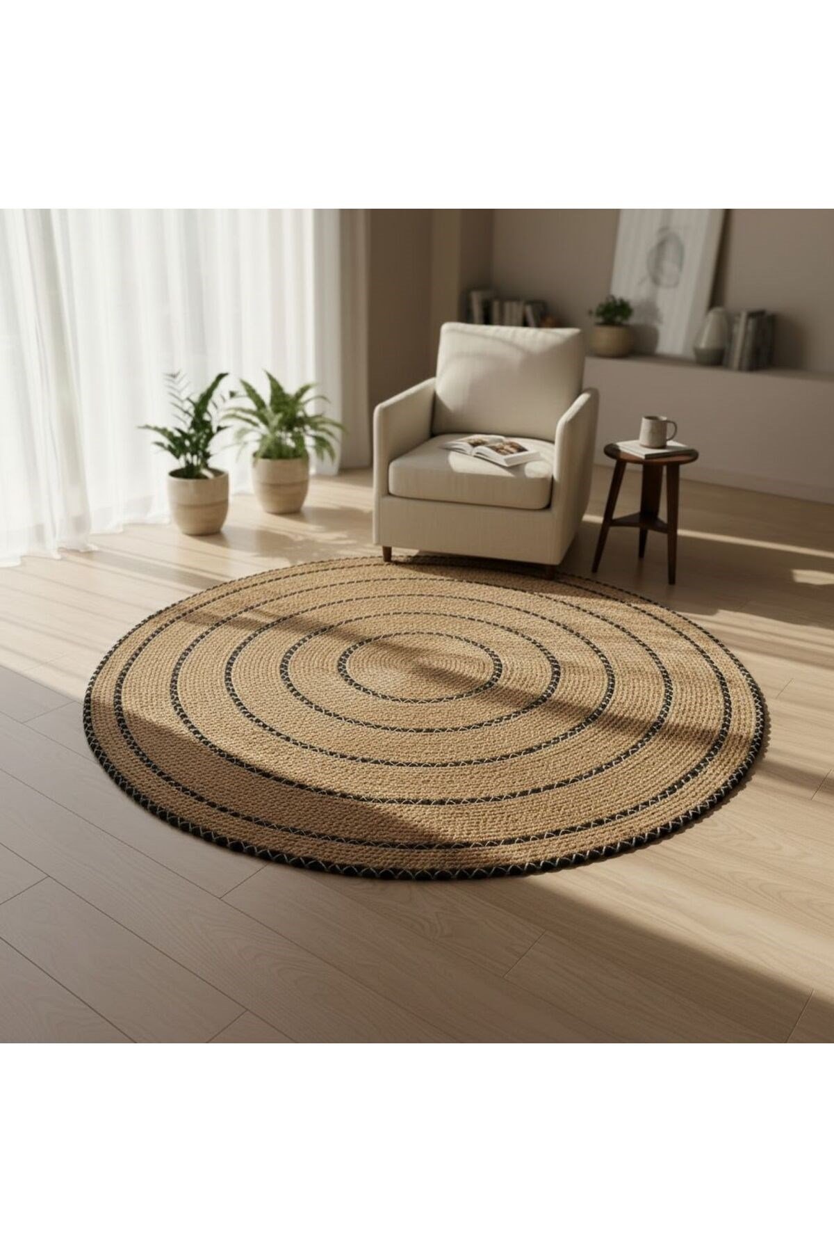 Polipropilen Modern Yuvarlak Jüt Görünümlü Mutfak Salon Halısı - 100 cm Çap