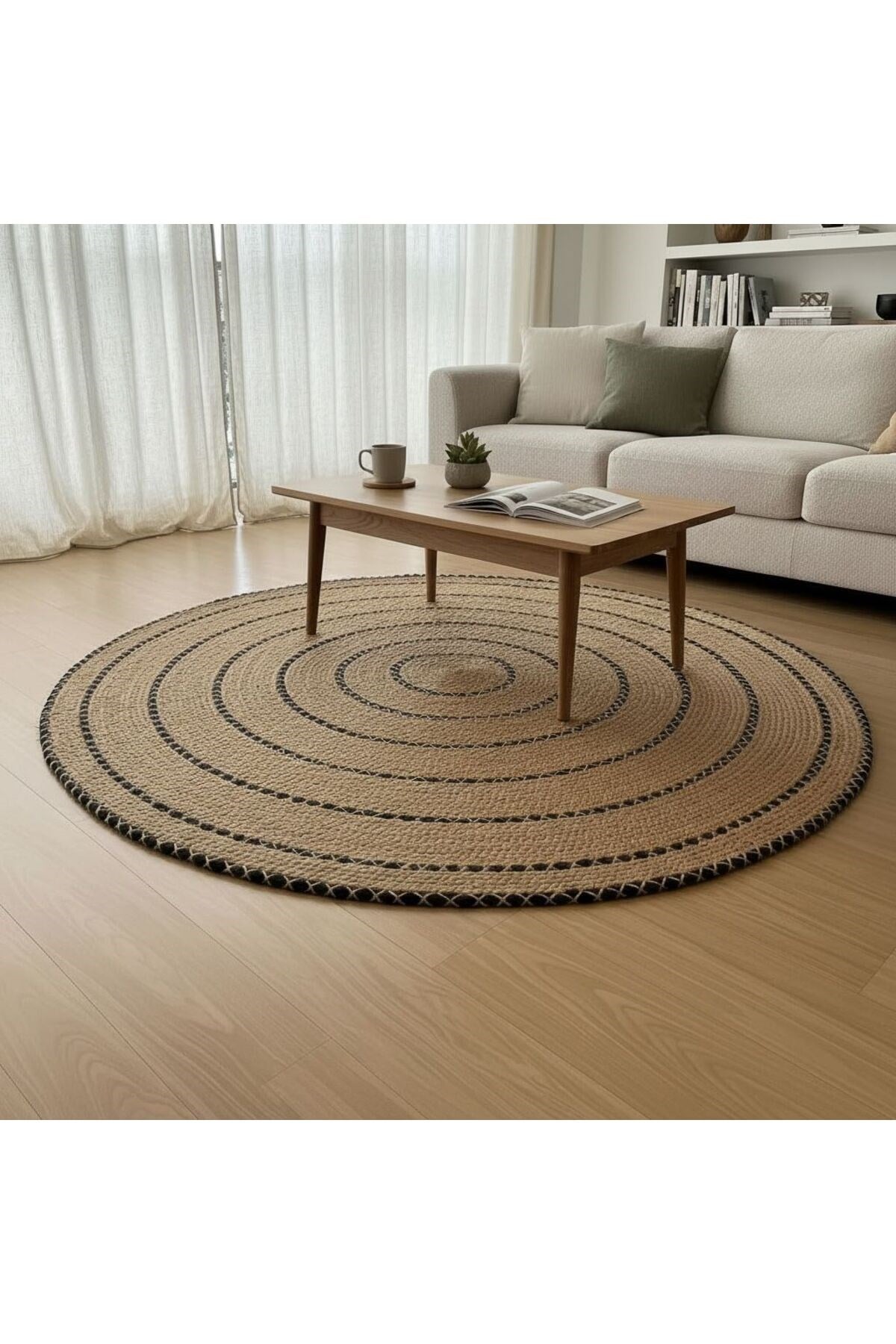 Polipropilen Modern Yuvarlak Jüt Görünümlü Mutfak Salon Halısı - 120 cm Çap