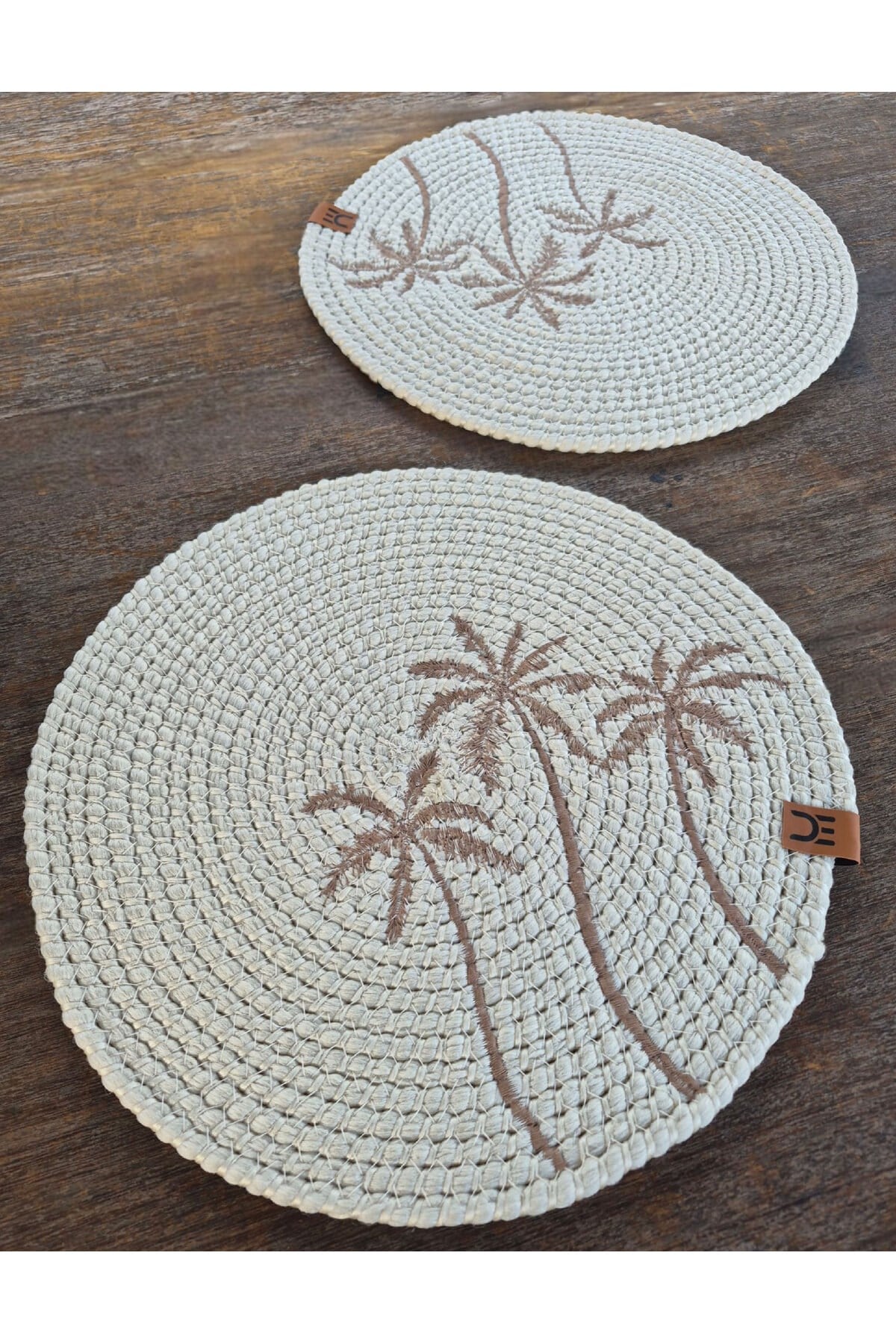 Rustik Boho Yuvarlak Supla 33 cm – Palmiye Desenli – 2 Adet Beyaz Renk