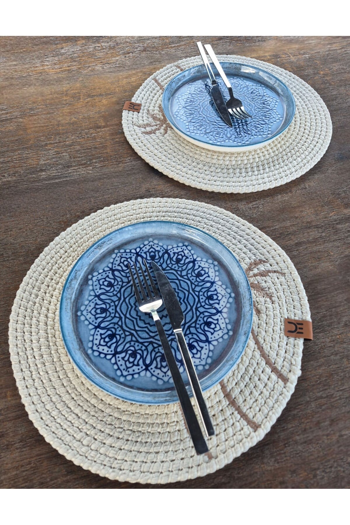 Rustik Boho Yuvarlak Supla 33 cm – Palmiye Desenli – 2 Adet Beyaz Renk