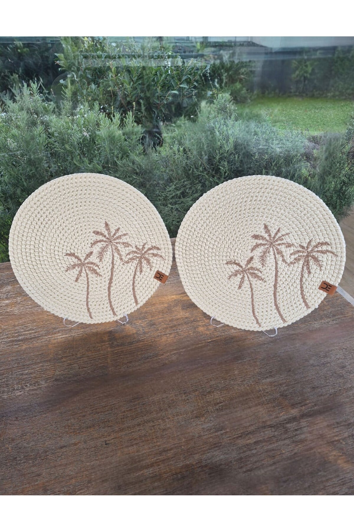 Rustik Boho Yuvarlak Supla 33 cm – Palmiye Desenli – 2 Adet Beyaz Renk