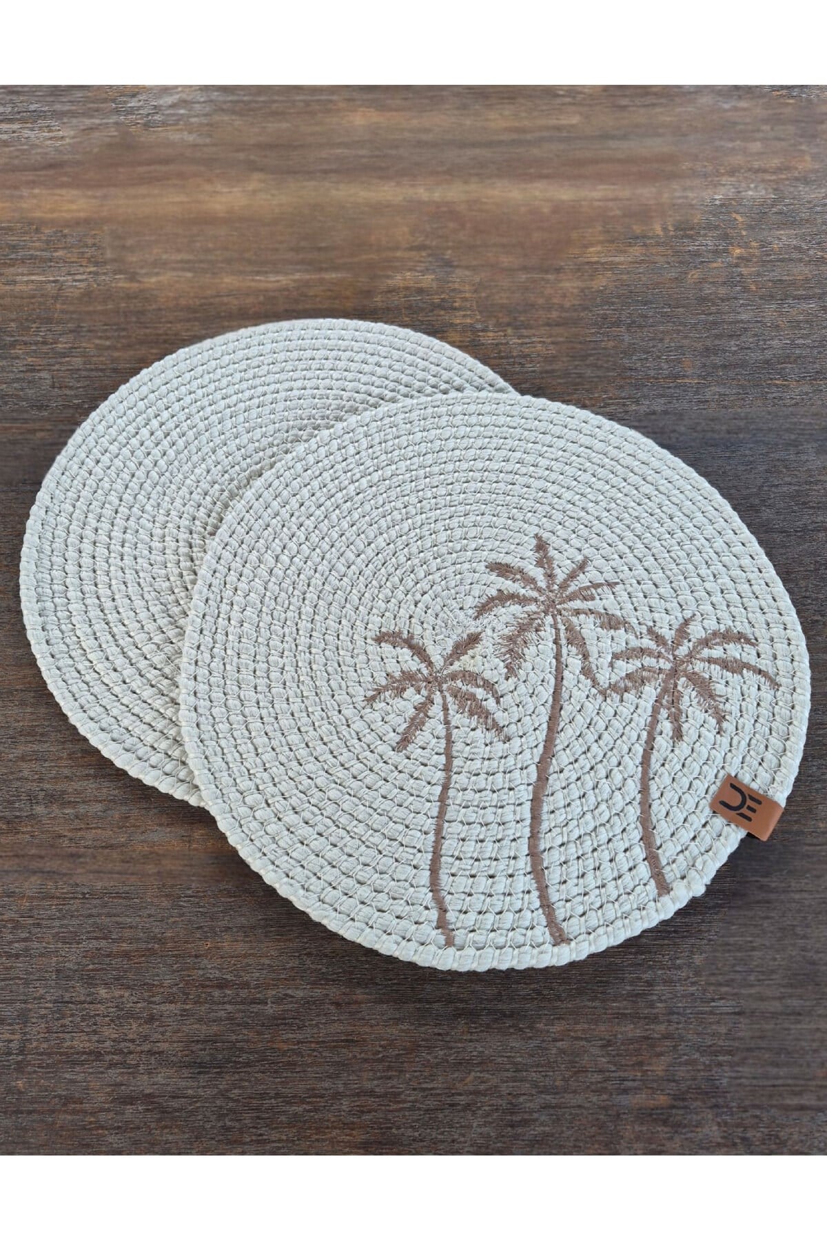 Rustik Boho Yuvarlak Supla 33 cm – Palmiye Desenli – 2 Adet Beyaz Renk