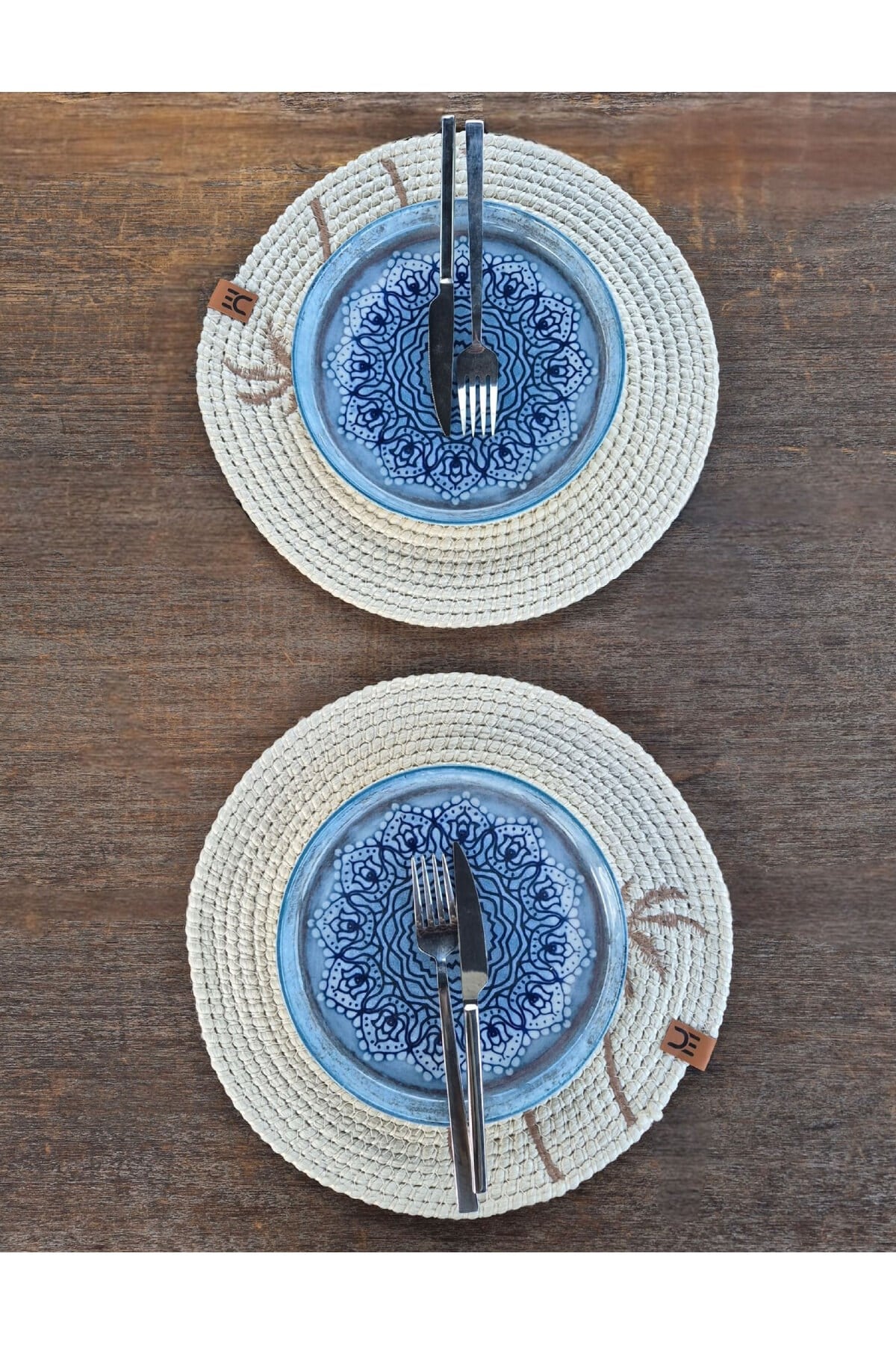 Rustik Boho Yuvarlak Supla 33 cm – Palmiye Desenli – 2 Adet Beyaz Renk