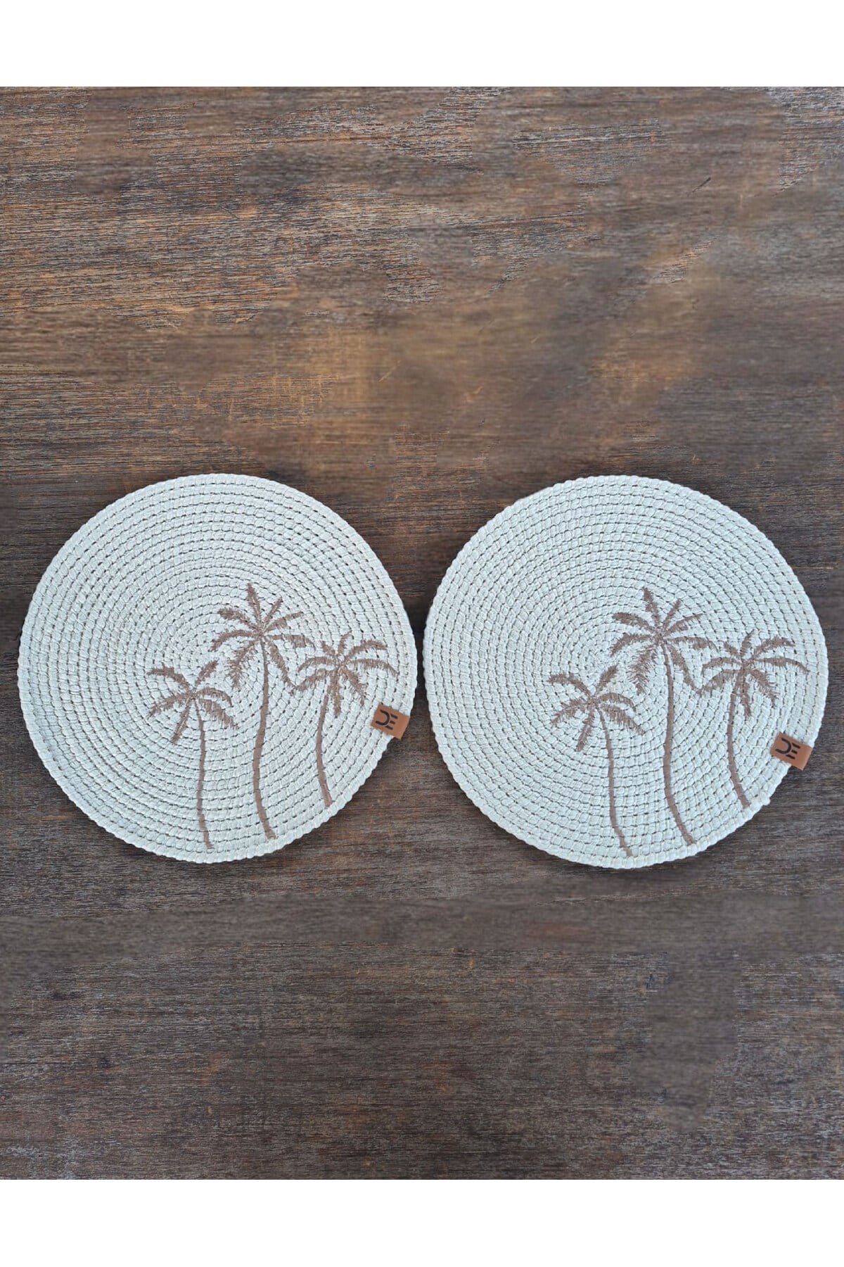 Rustik Boho Yuvarlak Supla 33 cm – Palmiye Desenli – 2 Adet Beyaz Renk