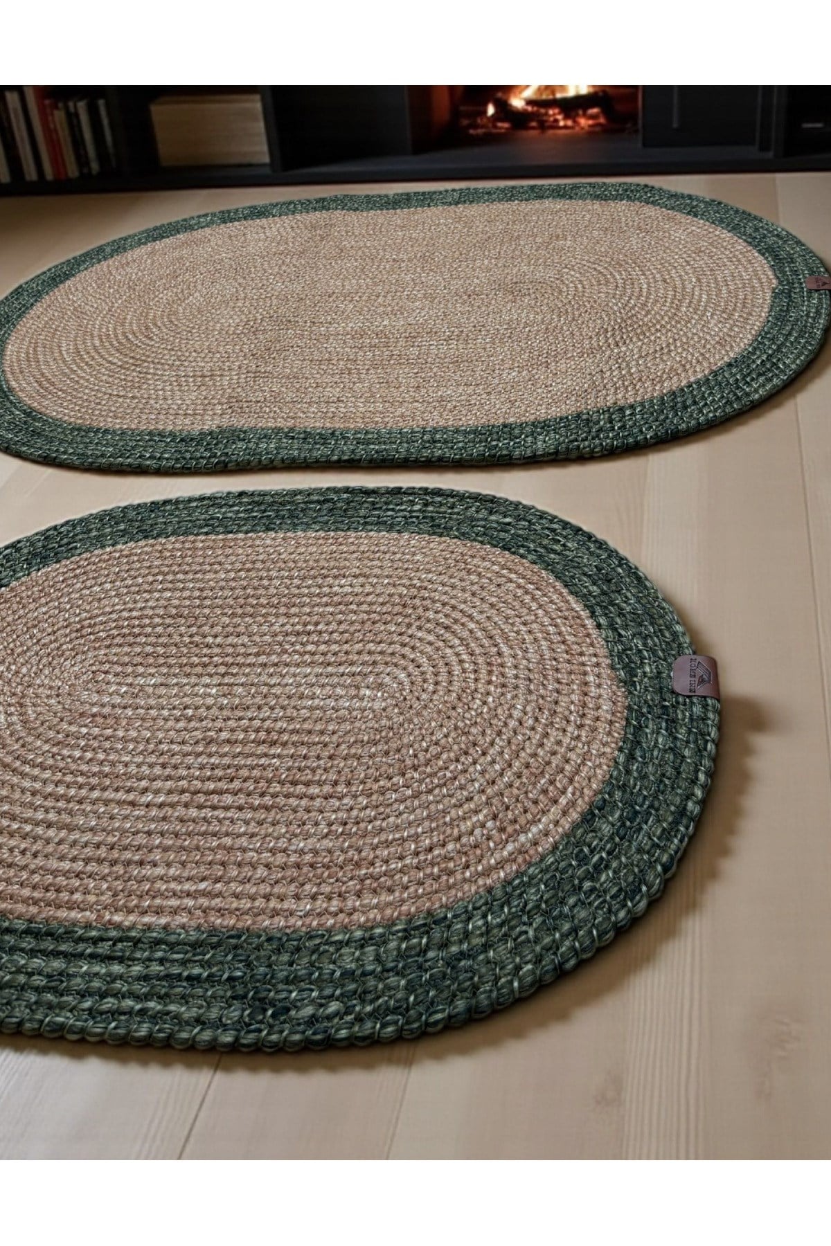 Yeşil Kenarlı Hasır Görünümlü 2'li Oval Banyo Paspas Seti - El Yapımı