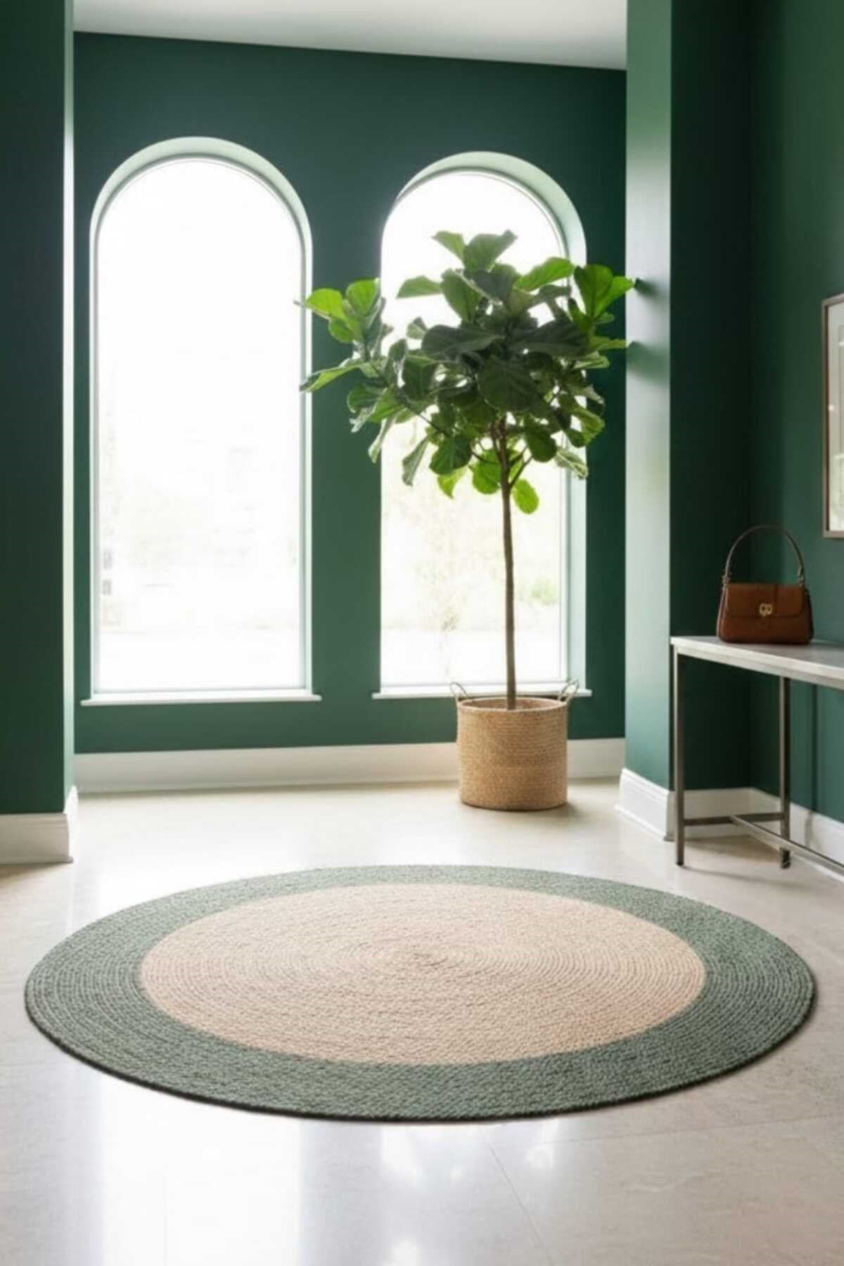 Yuvarlak Halı Yeşil Bordürlü Natural | Doğal Tonlu Şık Salon Halısı | Huzurlu Ev Dekoru