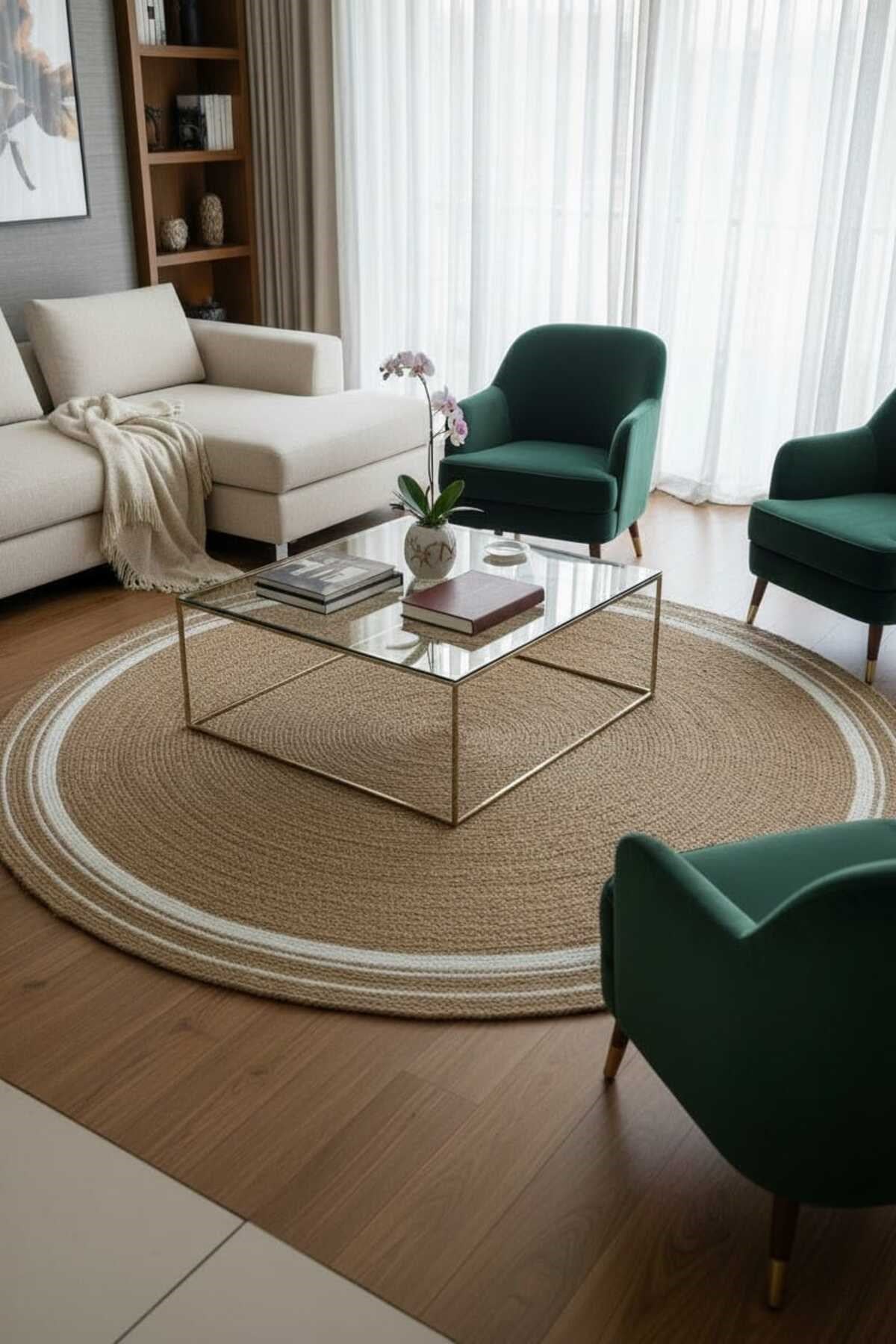 Yuvarlak Hasır Görünümlü Dekoratif Halı – Modern Bohem Stil Salon Halısı, Minimal Tarz Halı