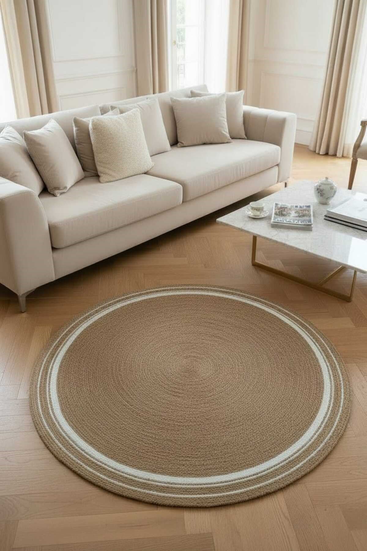 Yuvarlak Hasır Görünümlü Dekoratif Halı – Modern Bohem Stil Salon Halısı, Minimal Tarz Halı