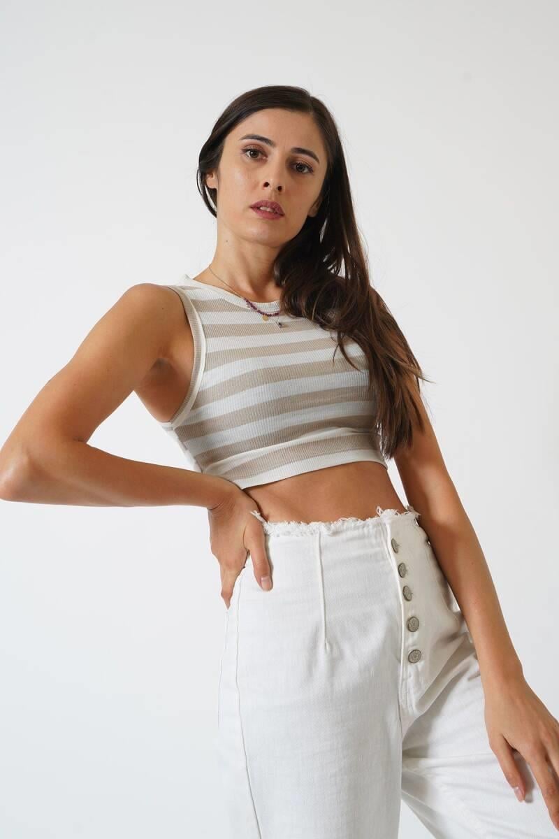Adrian Yüksek Kalite Kadın Yuvarlak Yaka Çizgili Crop Bluz  Ekru