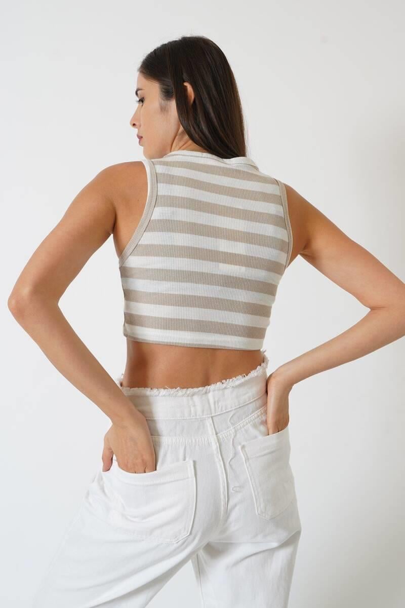 Adrian Yüksek Kalite Kadın Yuvarlak Yaka Çizgili Crop Bluz  Ekru