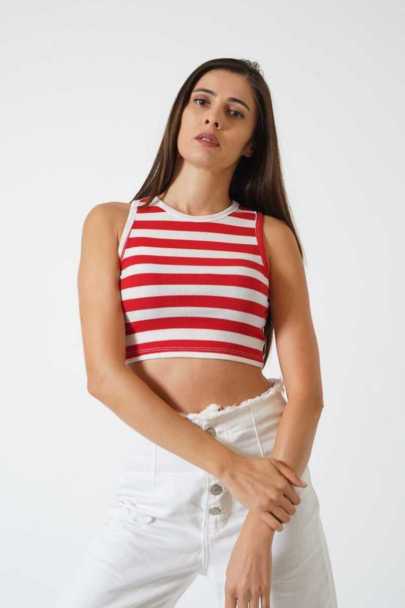Adrian Yüksek Kalite Kadın Yuvarlak Yaka Çizgili Crop Bluz  Kırmızı