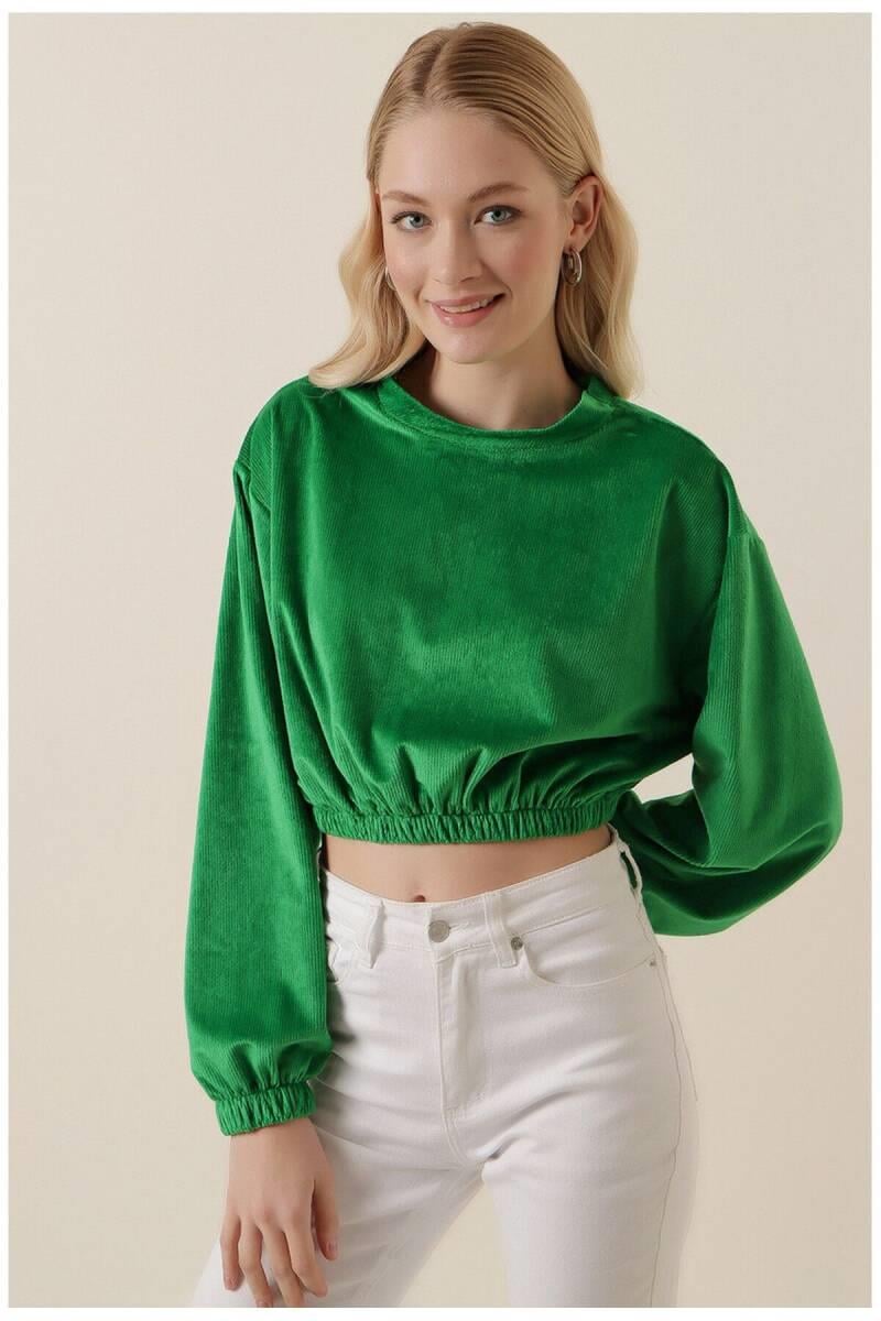 Amy Kadife Crop Bluz Yeşil