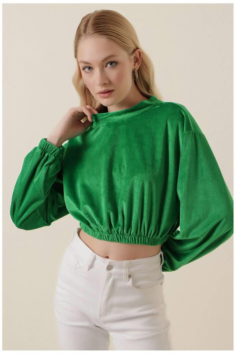Amy Kadife Crop Bluz Yeşil