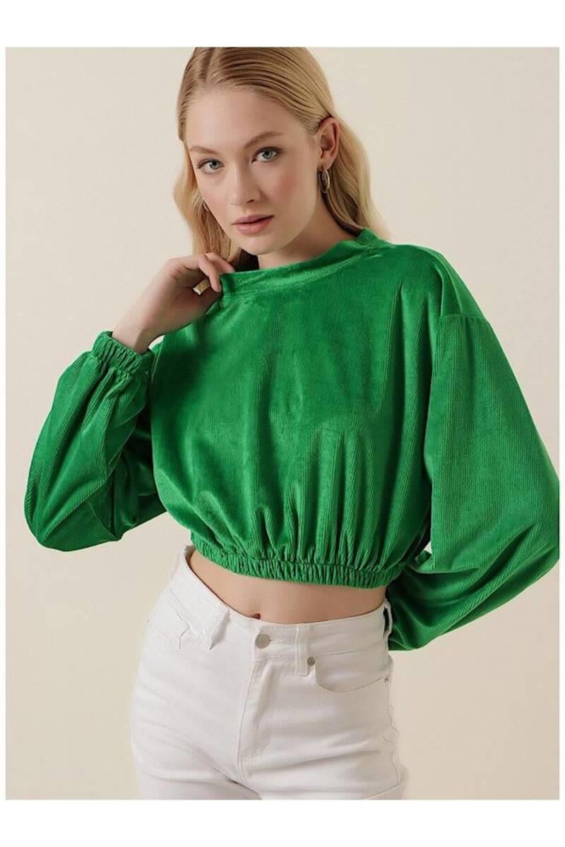 Amy Kadife Crop Bluz Yeşil