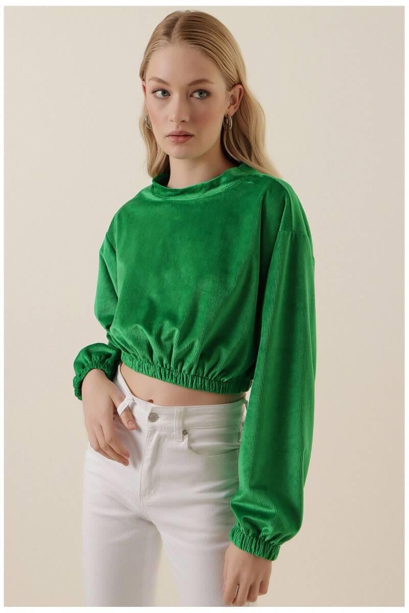 Amy Kadife Crop Bluz Yeşil