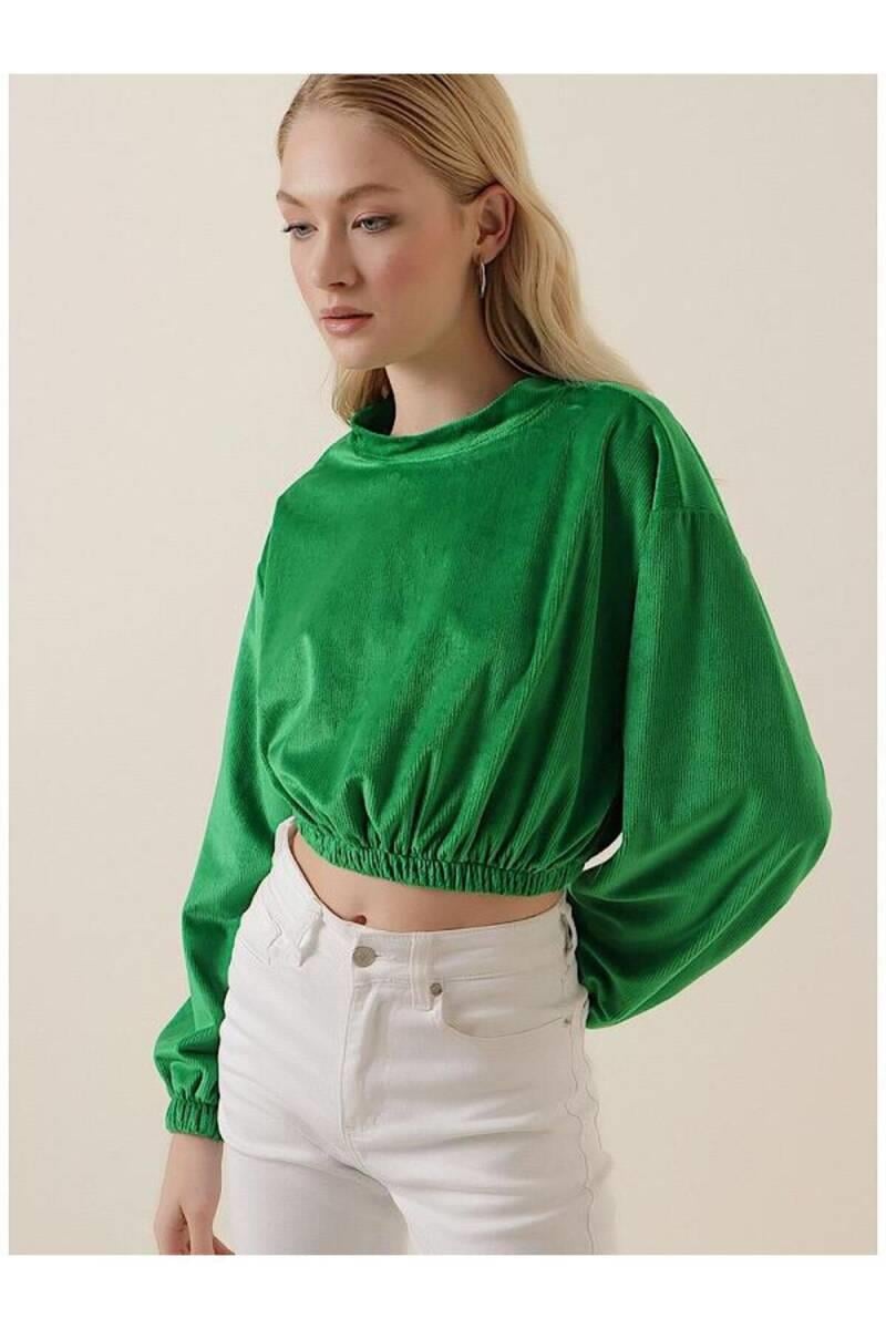 Amy Kadife Crop Bluz Yeşil