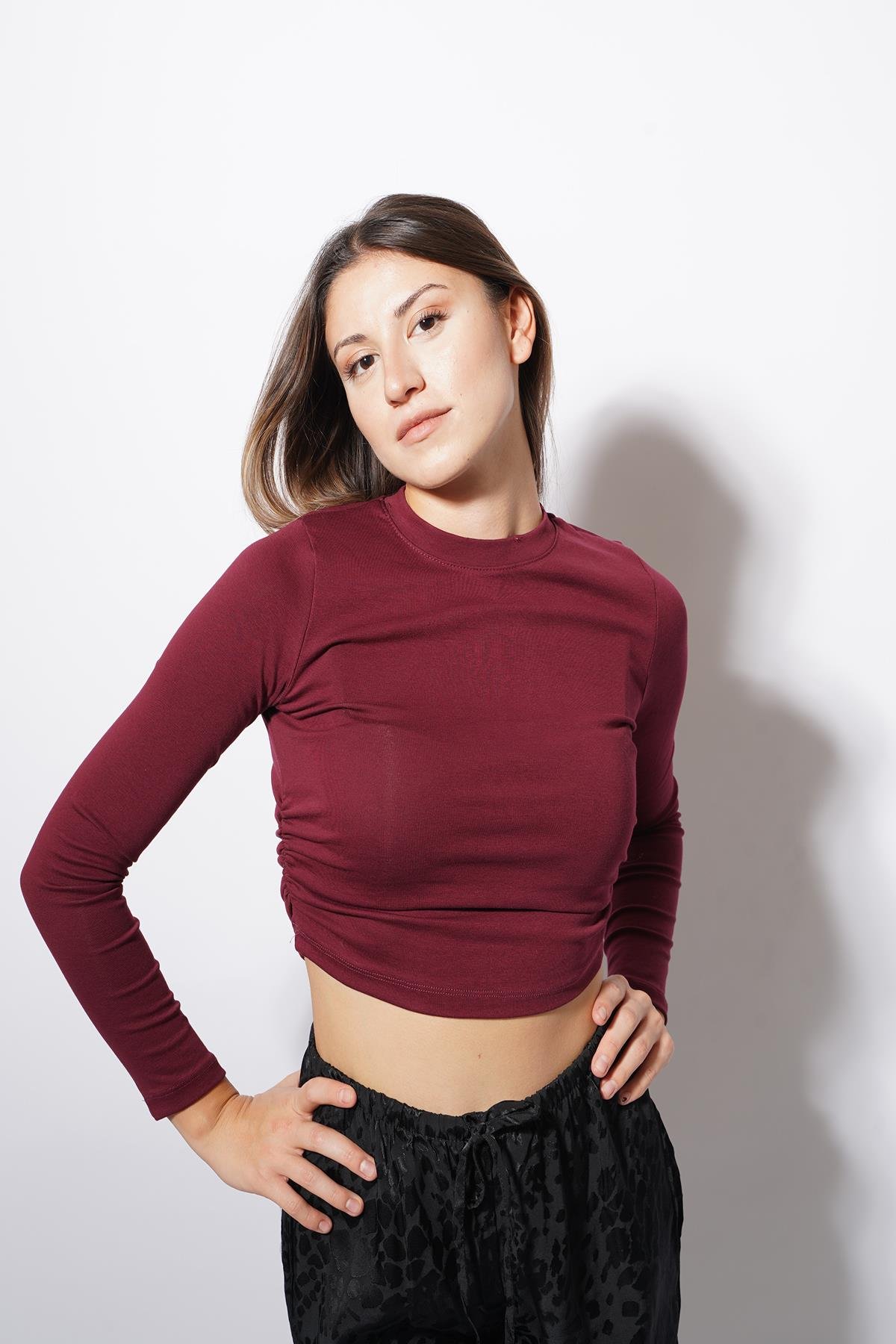 Angle Yan Büzgülü Body Bordo